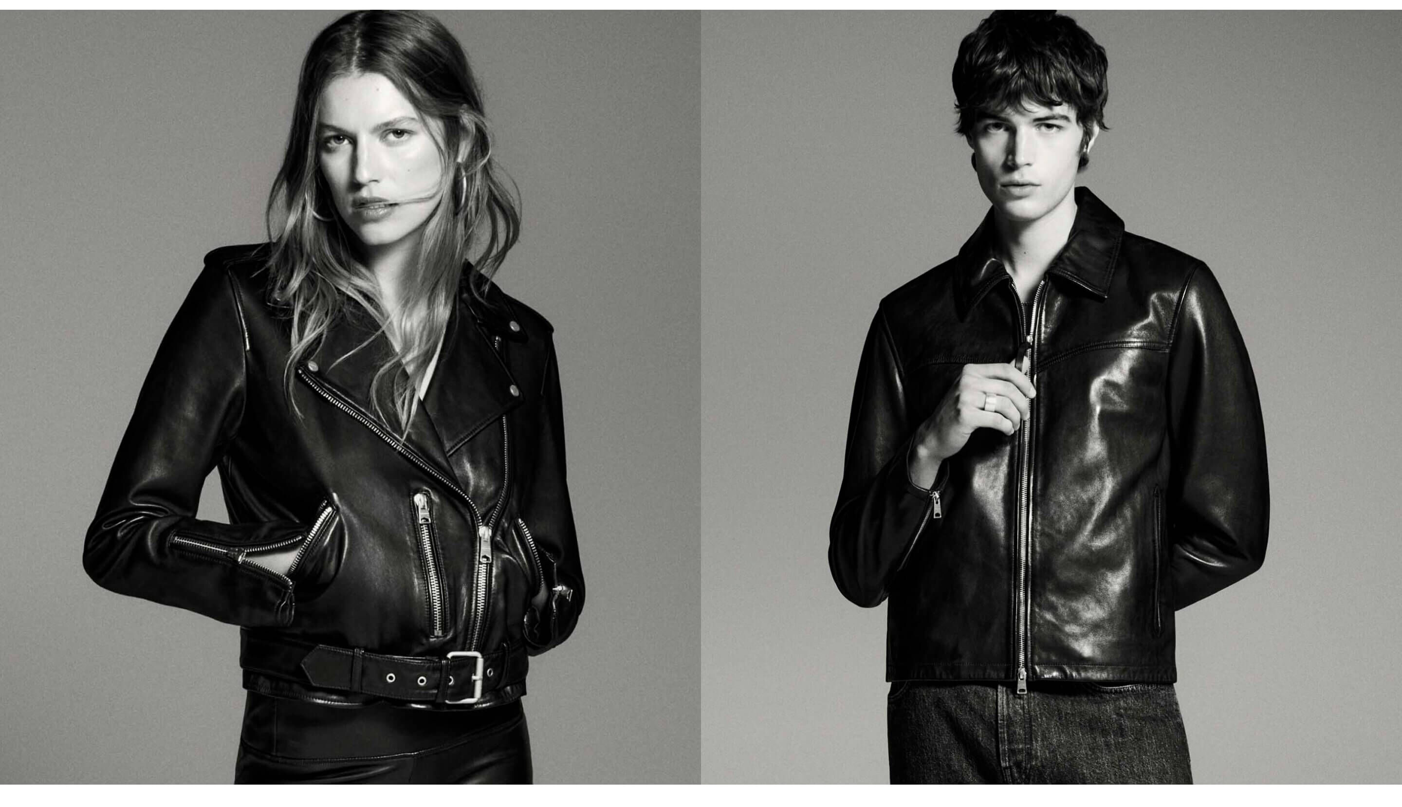 Two portraits of a woman and a man wearing leather jackets from our collection.