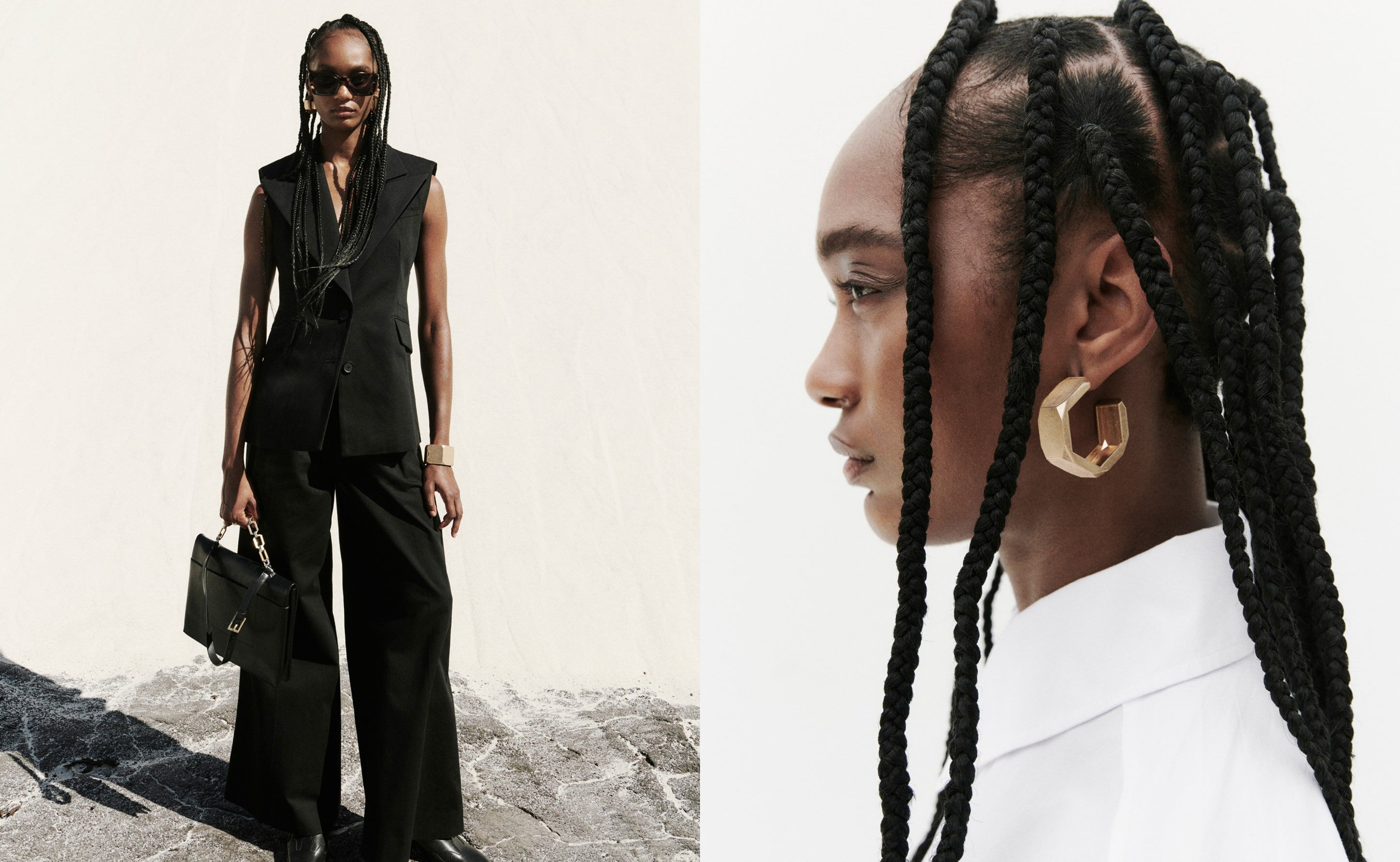 Collage of two photographs showing a woman wearing a black tailored suit with a sleeveless gilet and wide left trousers, and a profile photograph of a woman wearing braids.