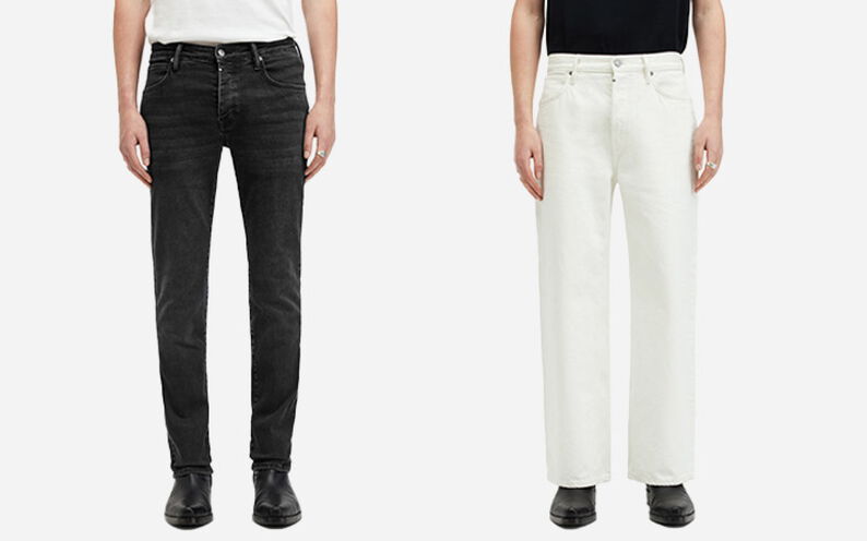 Image of two male models next to each other the left one wearing blue jeans and white top and right wearing white jeans and black top.