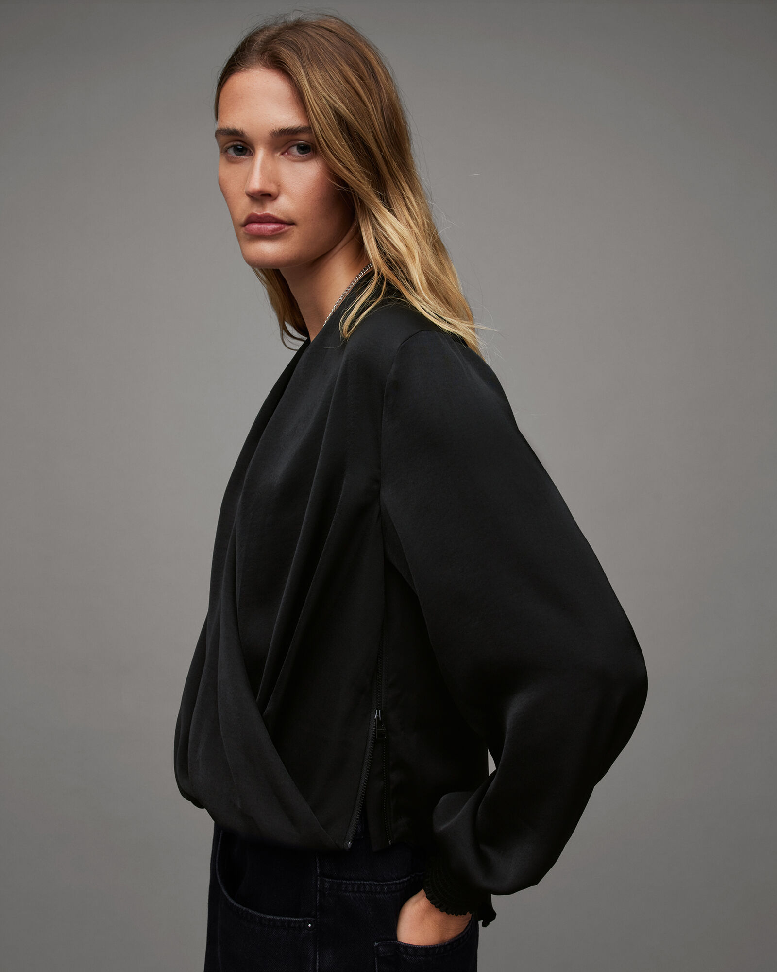 Abi Long Sleeve Draped Wrap Over Top