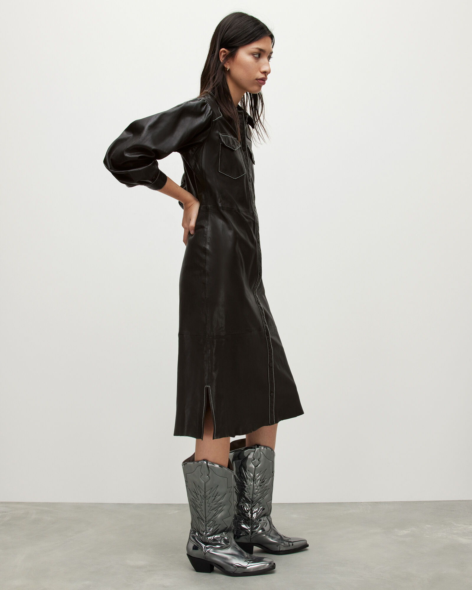 Ava Leather Shirt Midi Dress Black | ALLSAINTS