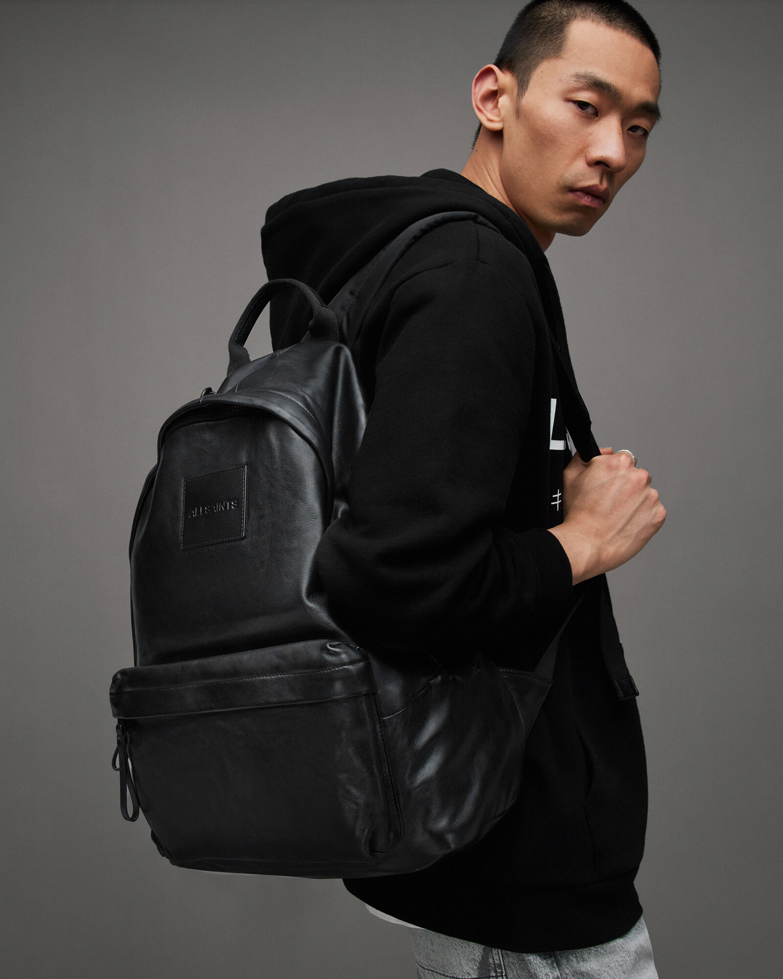 Carabiner Embossed Logo Leather Backpack Black | ALLSAINTS Canada