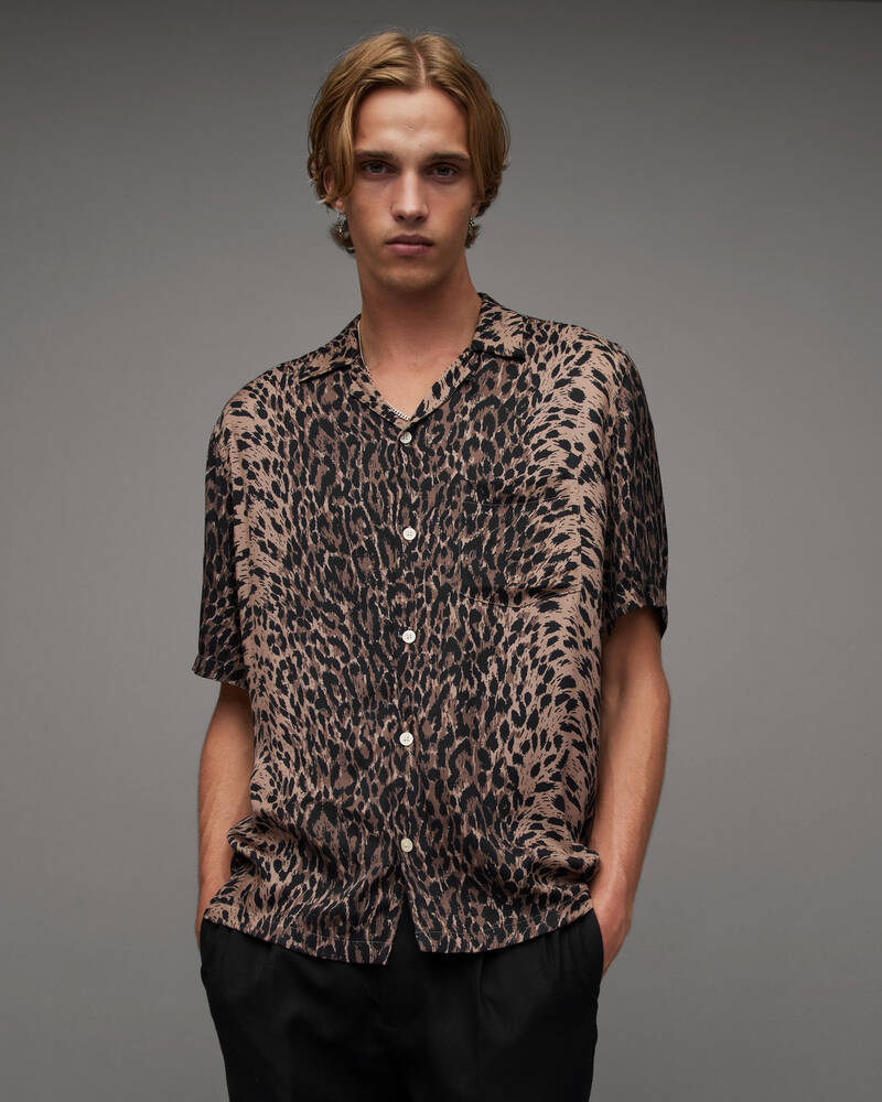 AllSaints Men's Cubs Tiger Print Relaxed Fit Shirt, Jet Black, Size: XXL