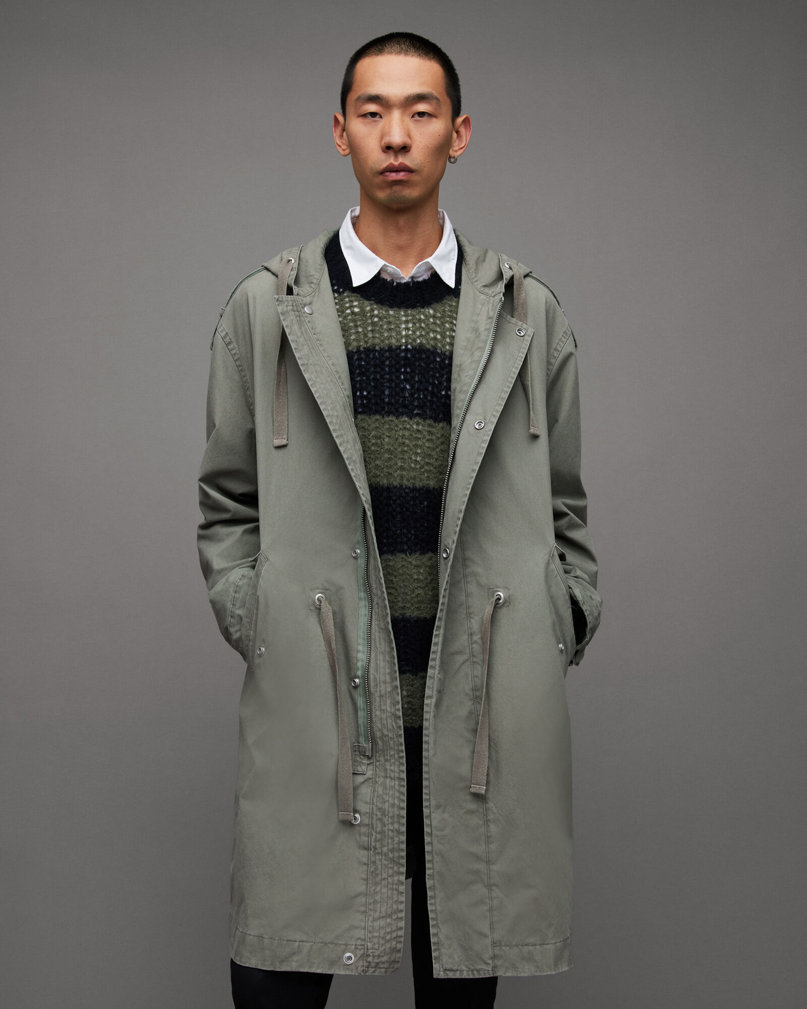 Comiso Oversized Zip Up Parka Coat Olive Green | ALLSAINTS Canada