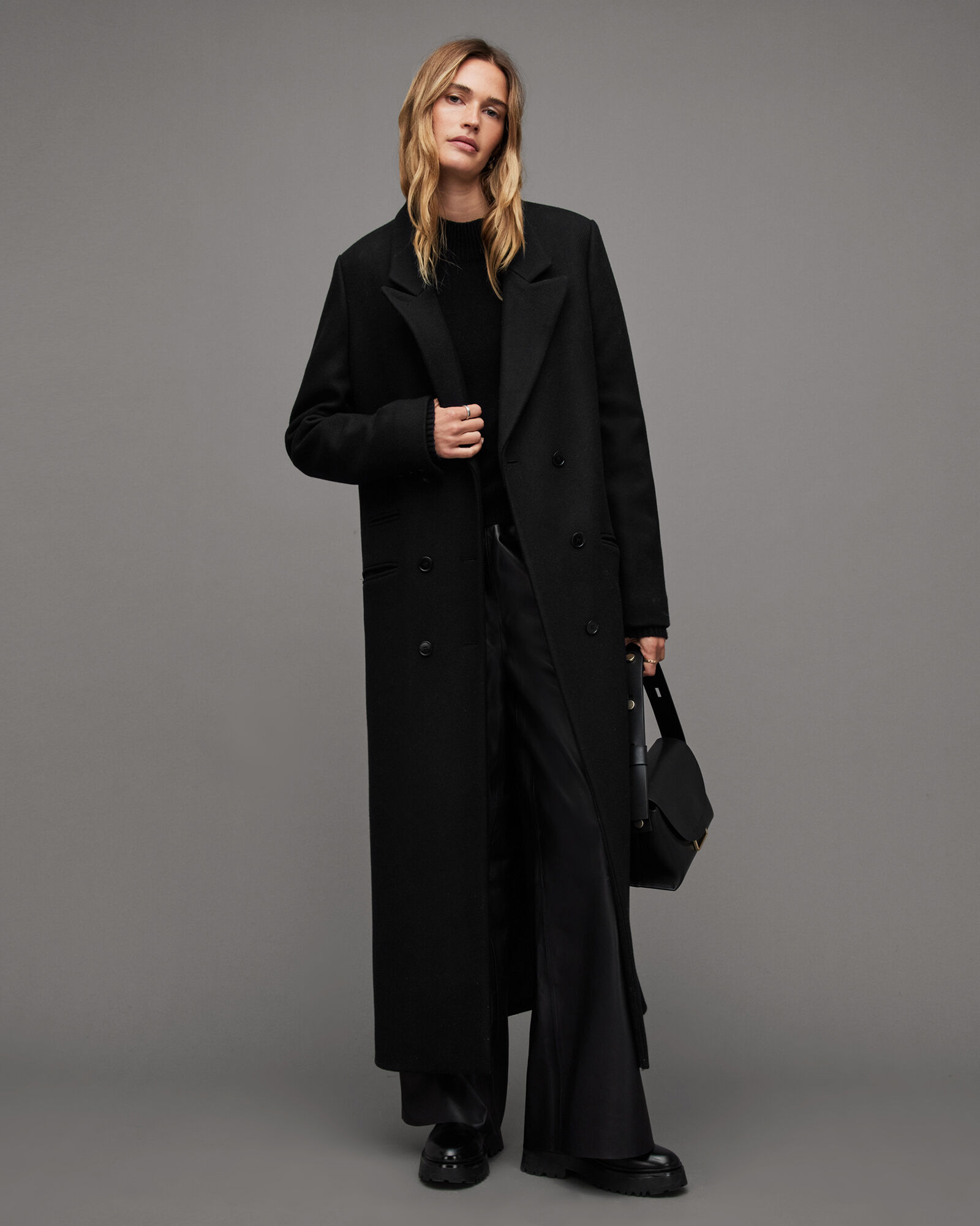 Ellen Long Line Double Breasted Coat Black | ALLSAINTS Canada