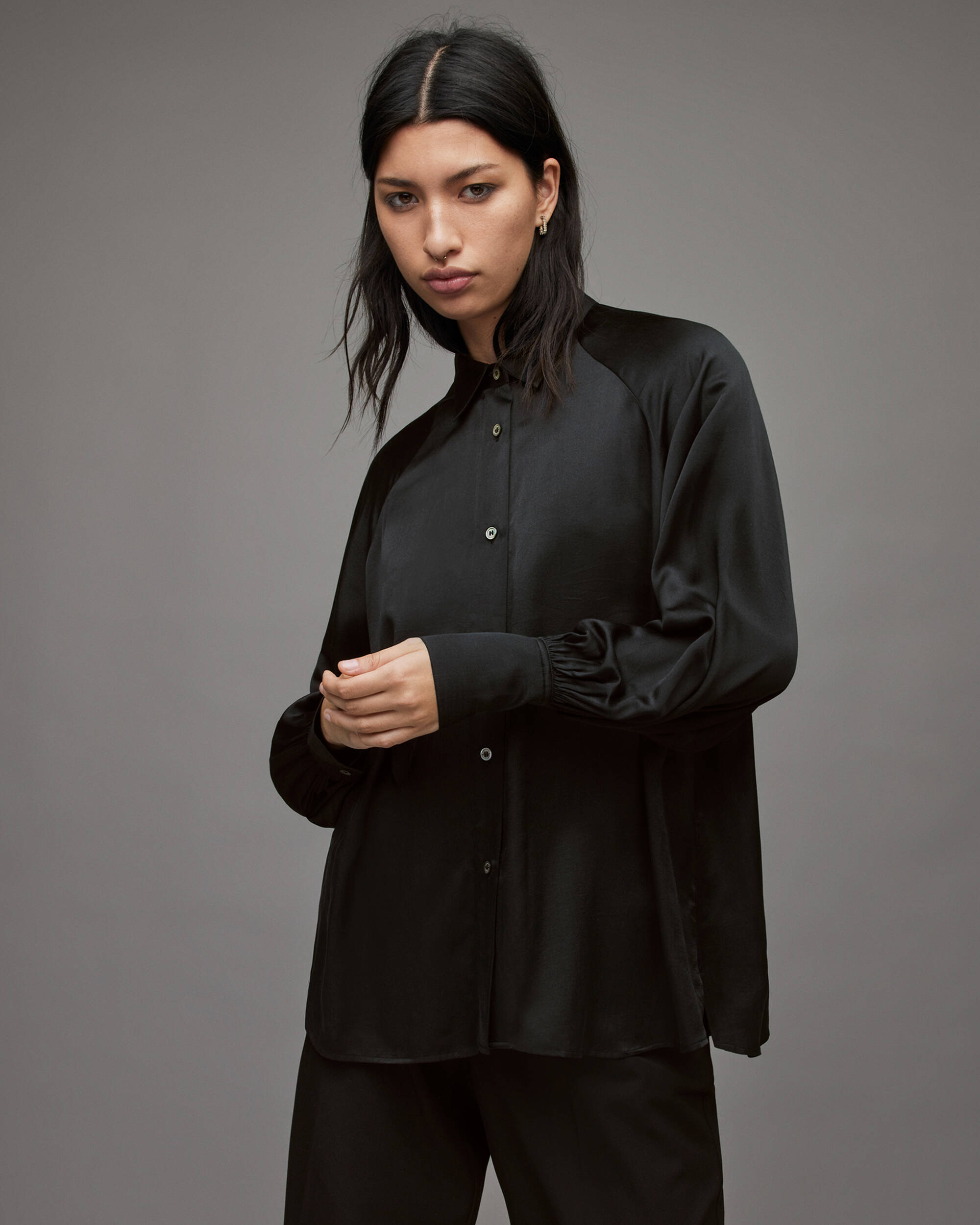 Oana Silk Blend Shirt Black | ALLSAINTS