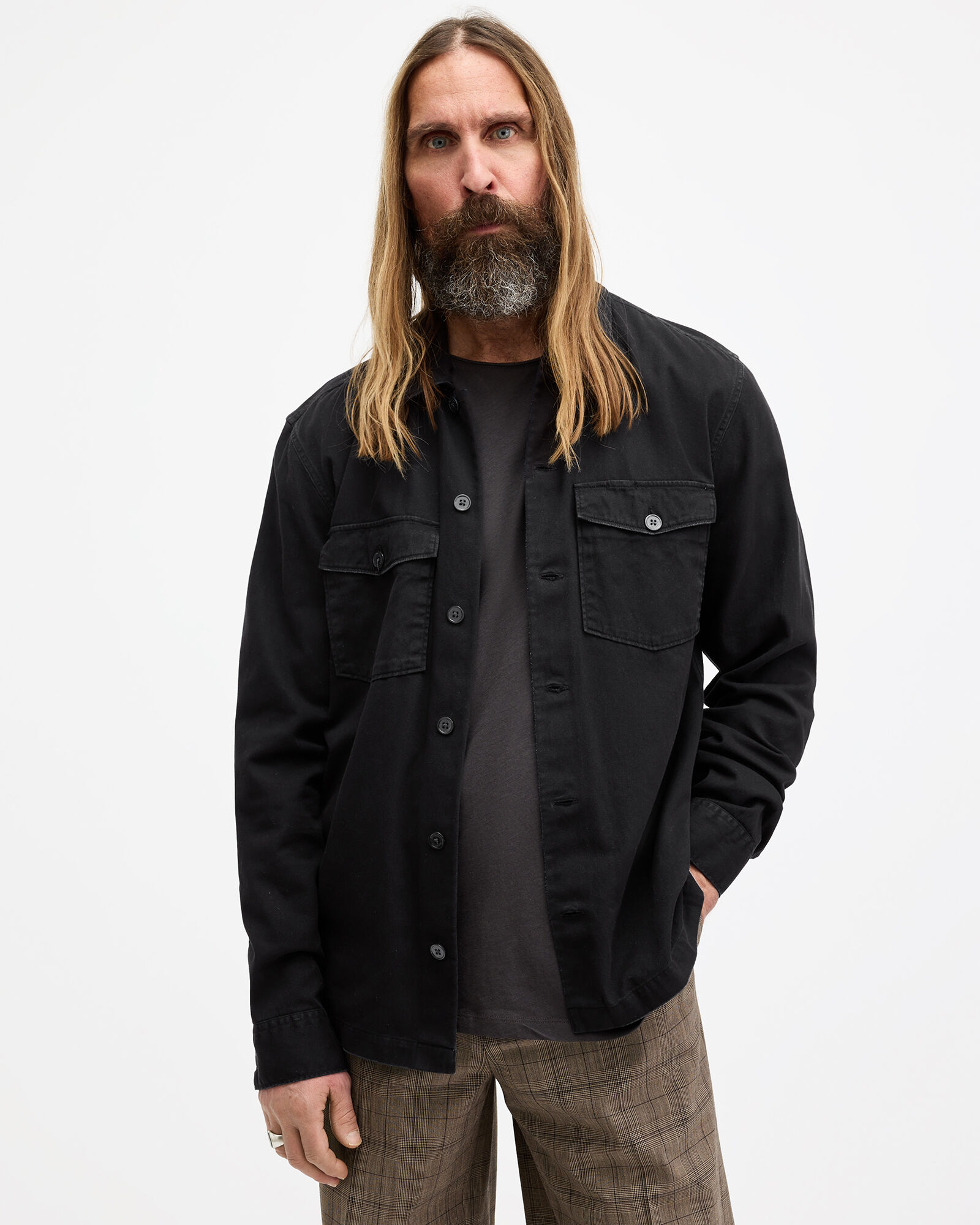 Spotter Long Sleeve Military Overshirt Black | ALLSAINTS Canada