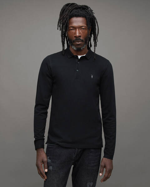 Graphic Long-Sleeved Knit Polo Shirt - Luxury Black