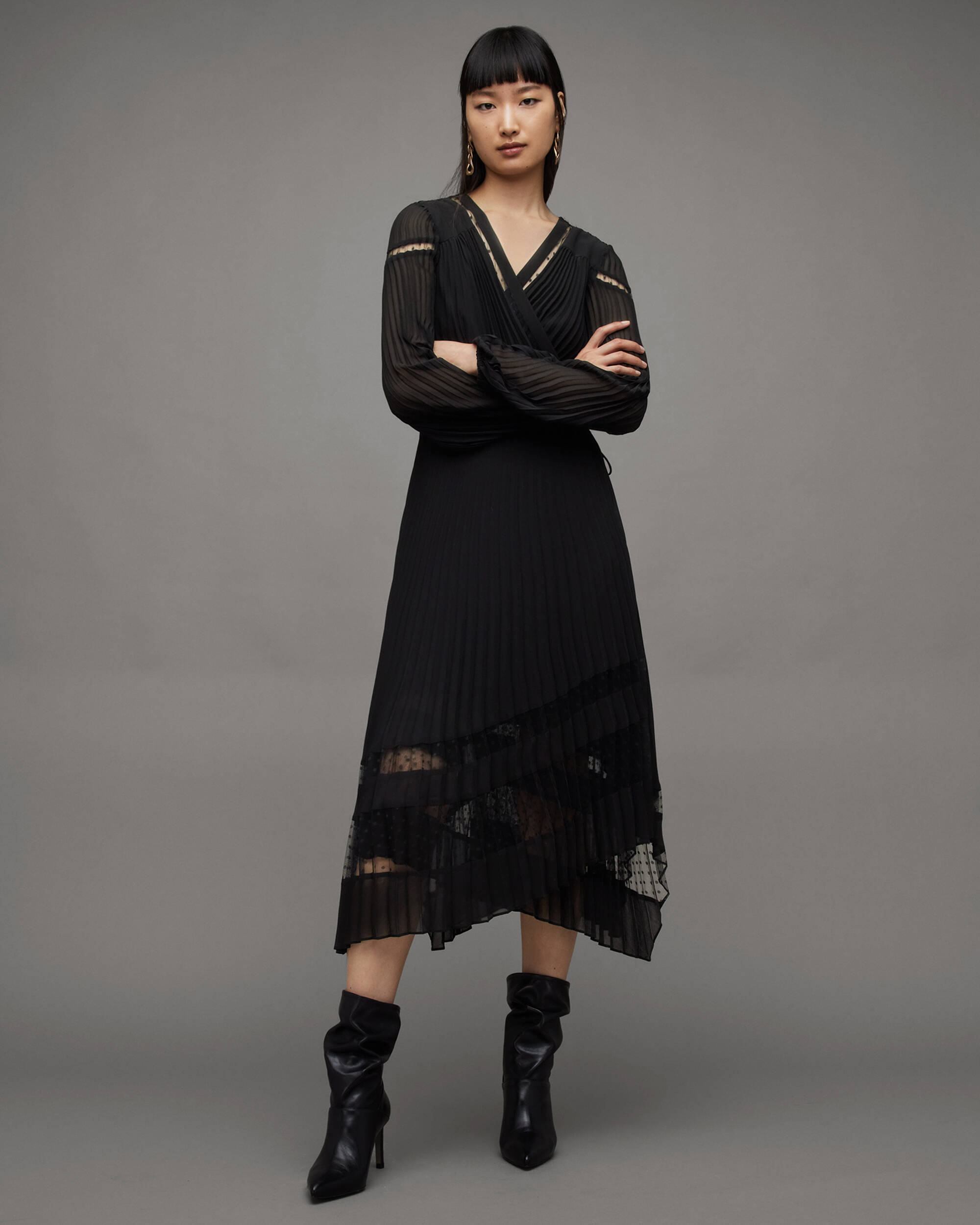 Sabrina Pleated Asymmetric Midi Dress Black | ALLSAINTS