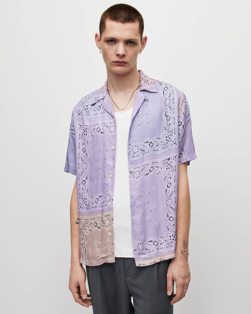 AllSaints Tikal Bandana Print Short Sleeve Shirt, Lilac, XS