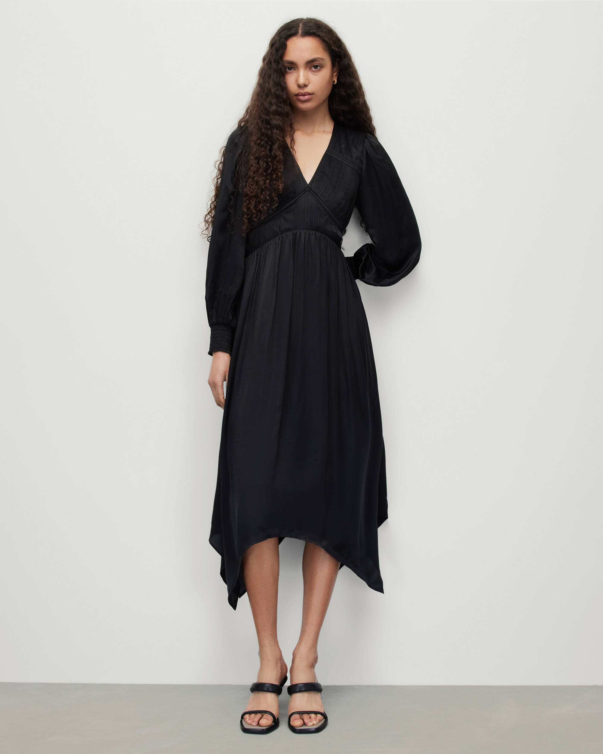 Estelle Silk Blend Asymmetric Midi Dress Black | ALLSAINTS