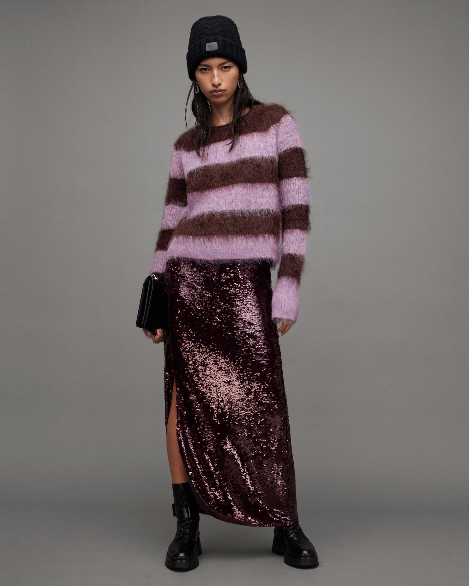 Lou Brushed Striped Jumper RAISIN RED/LILAC | ALLSAINTS Canada