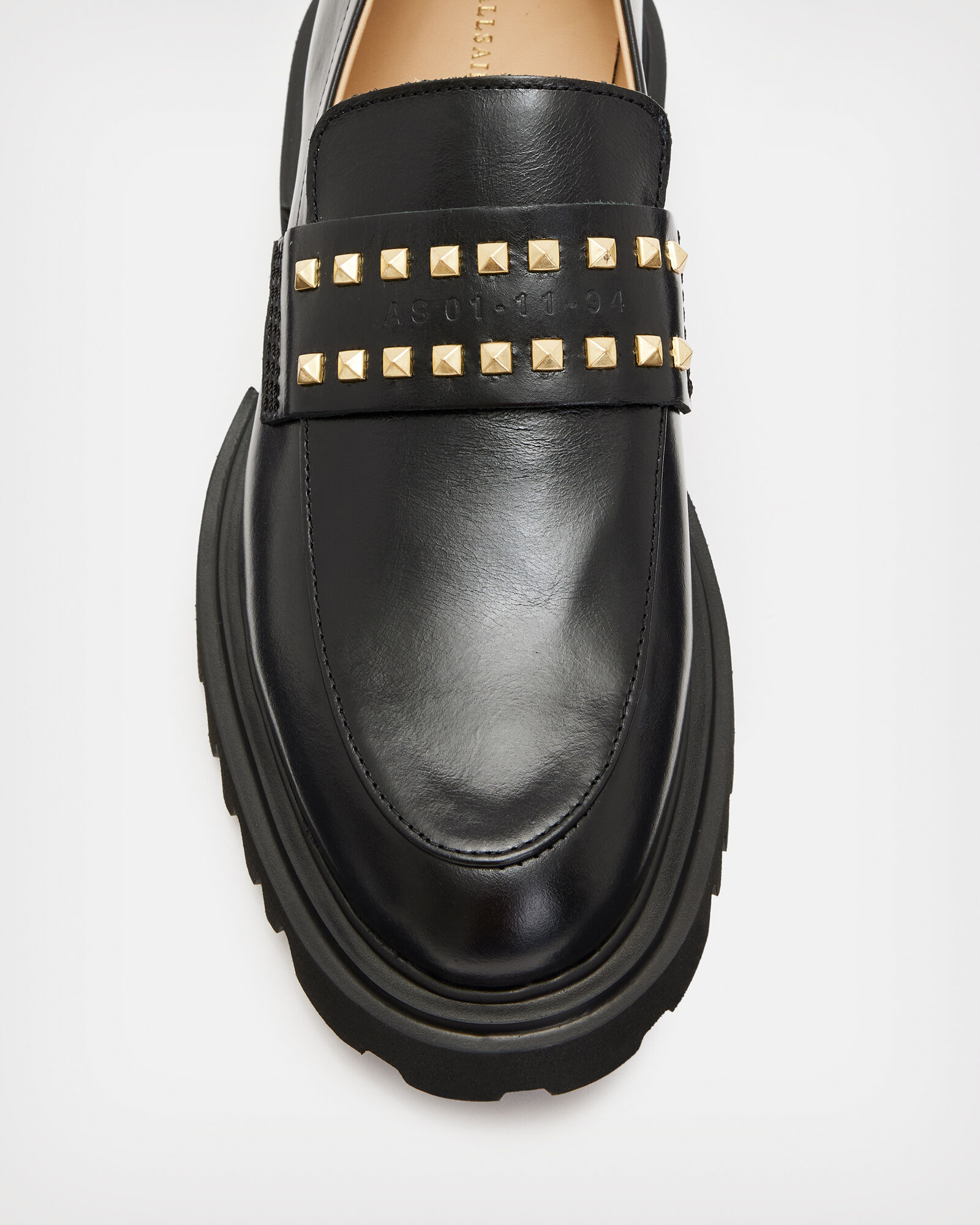 Lola Studded Leather Loafers BLACK/WARM BRASS | ALLSAINTS Canada