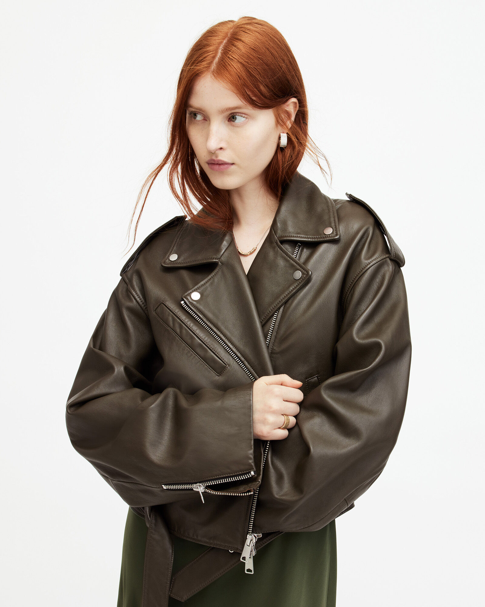 Dayle Oversized Leather Biker Jacket ARMY GREEN | ALLSAINTS Canada