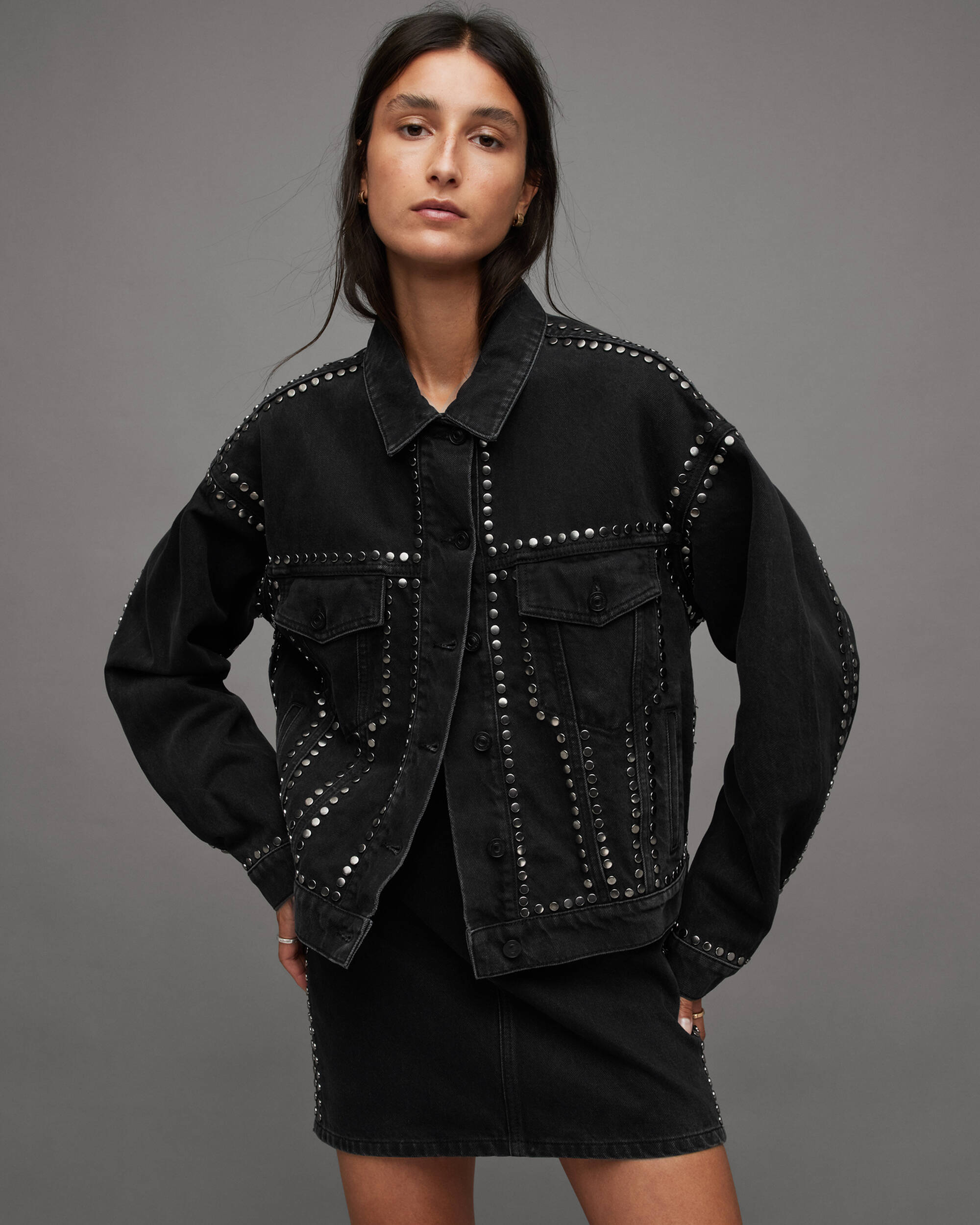 Bella Studded Relaxed Denim Jacket Black | ALLSAINTS
