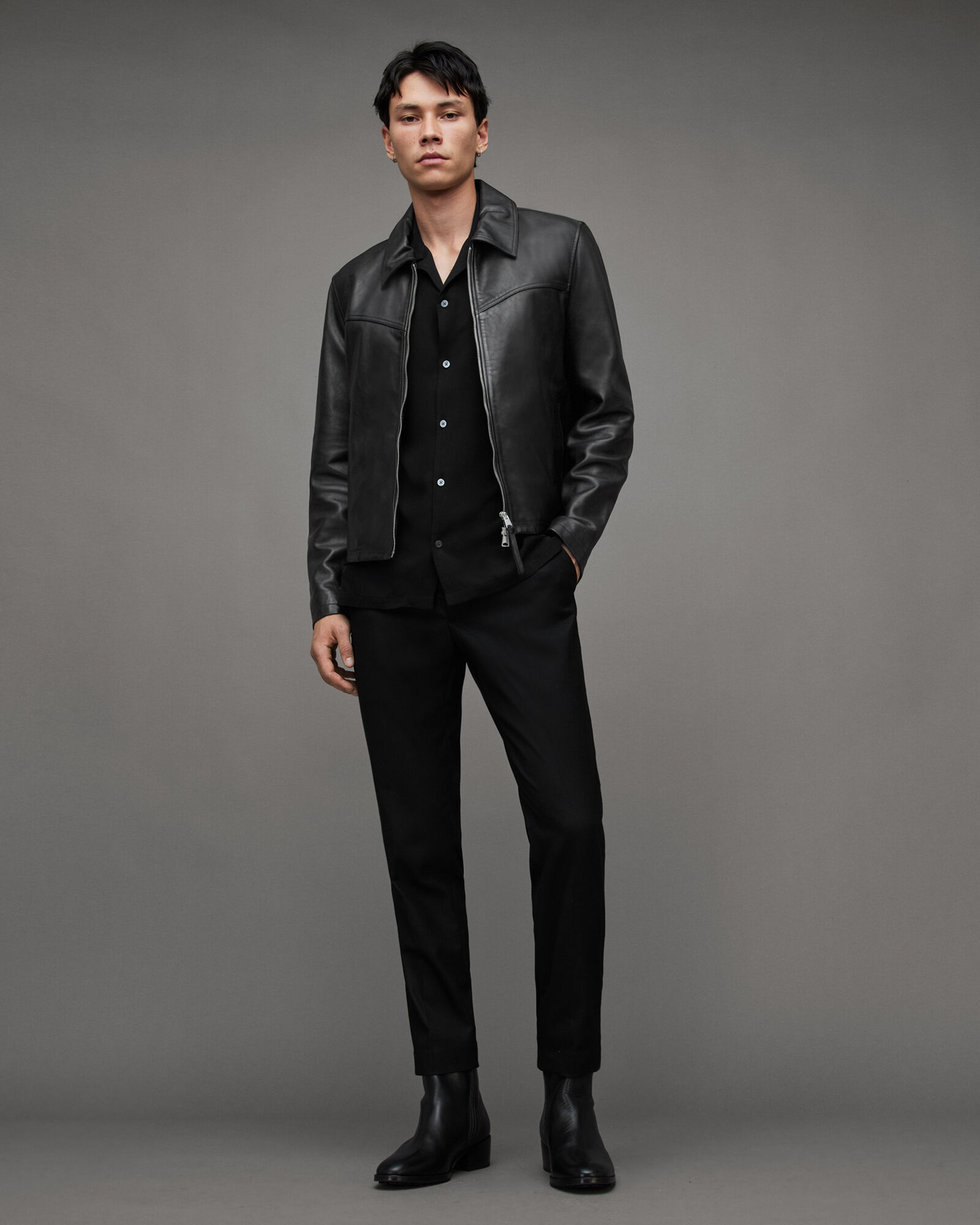 Tune Cropped Zip Up Leather Jacket Black | ALLSAINTS FR