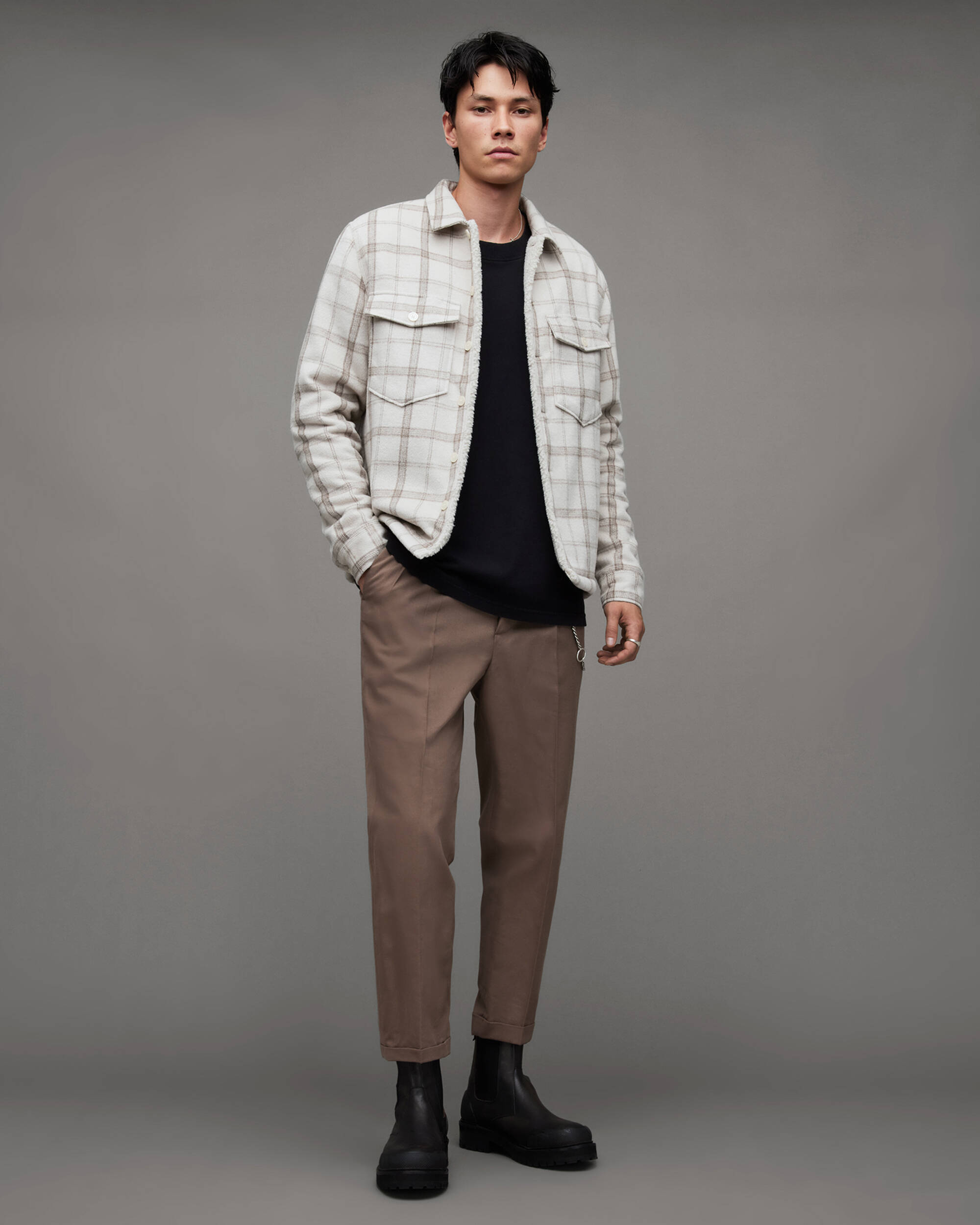 Vedder Checked Borg Lined Shirt Jacket FADED TAUPE | ALLSAINTS