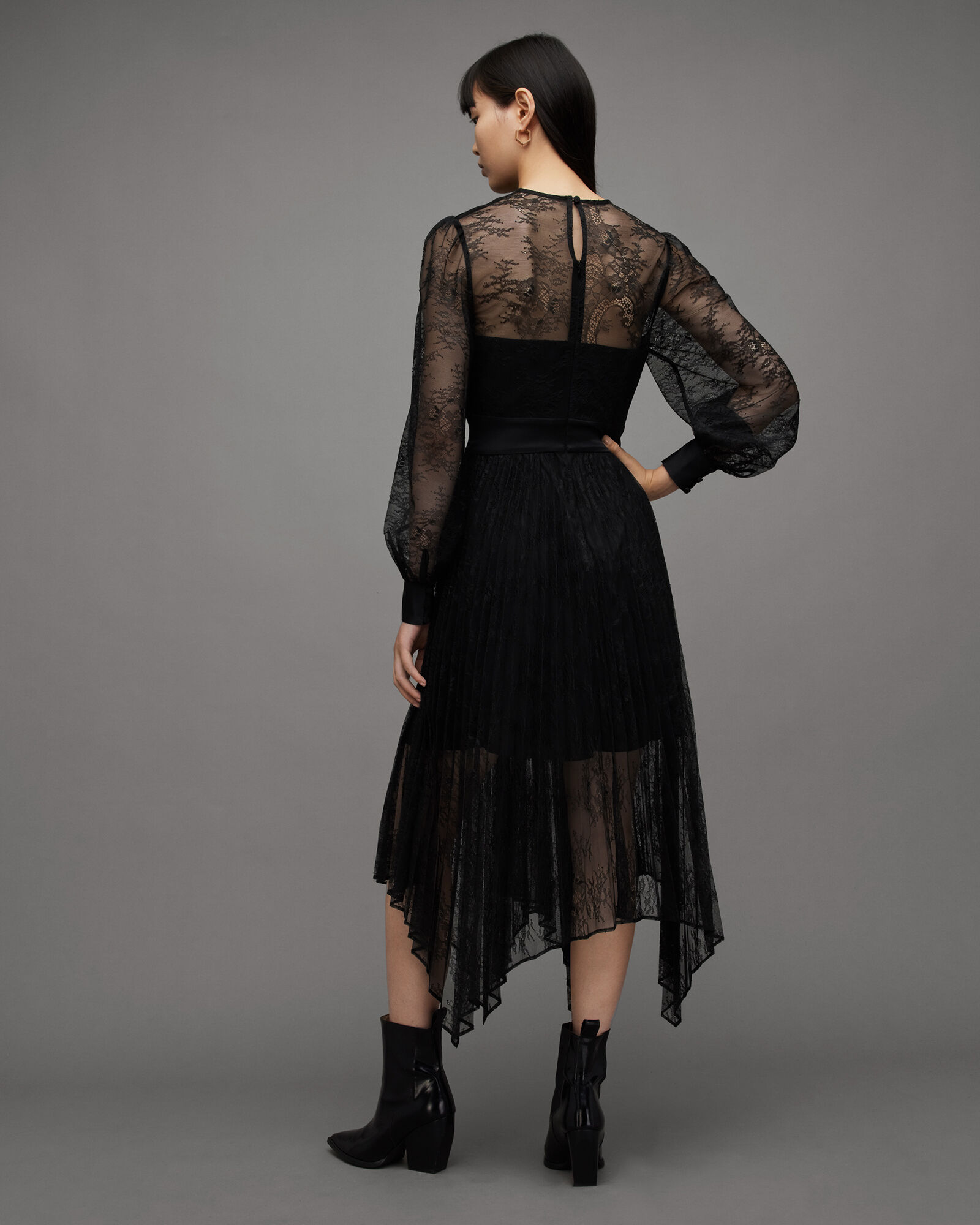 Norah Lace Pleated Asymmetric Maxi Dress Black | ALLSAINTS