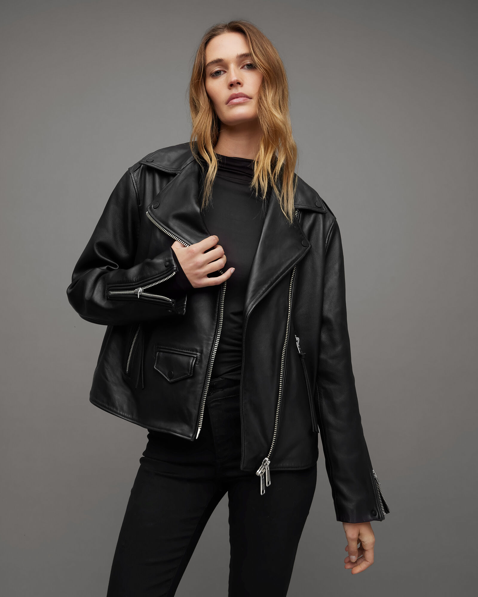 Lyra Leather Shearling Biker Jacket Black | ALLSAINTS