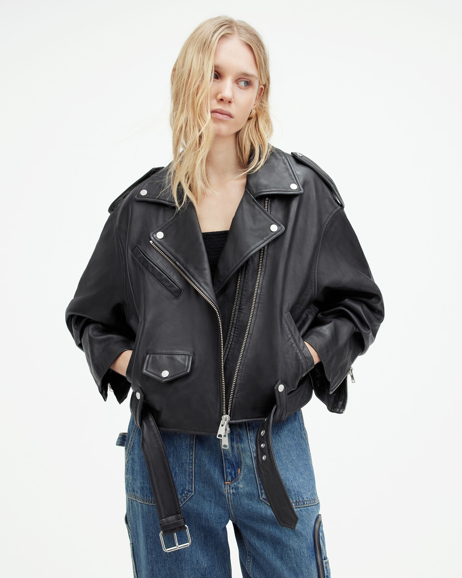 Belted Leather Biker Jacket with Double-Breast Front