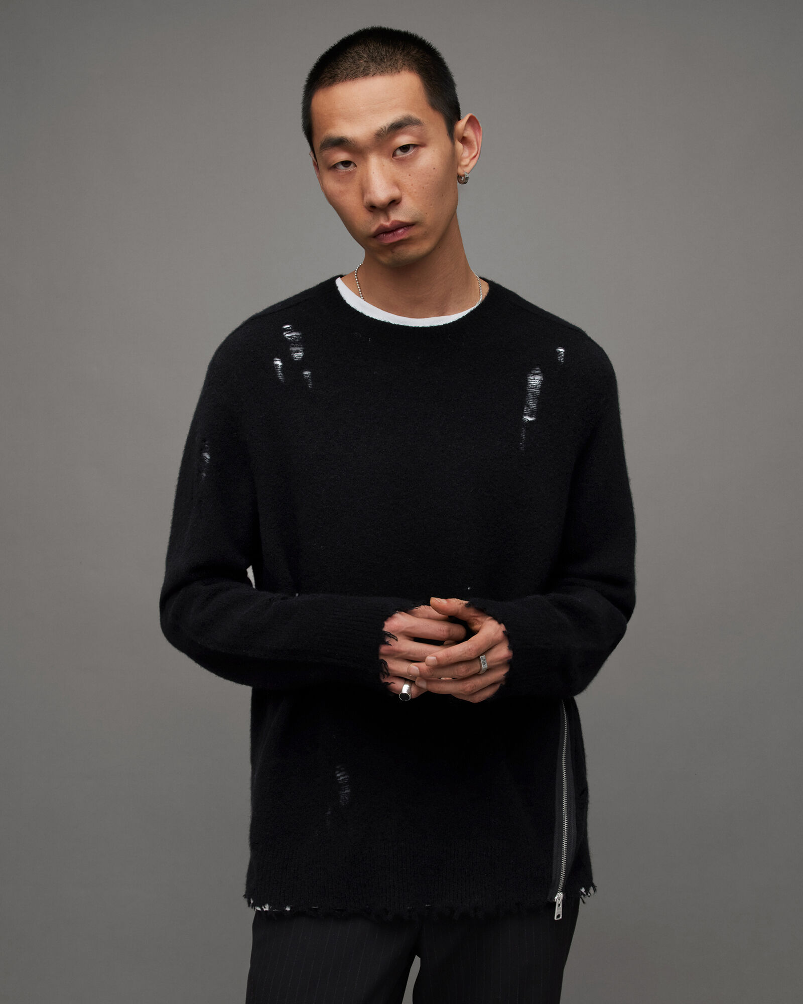 Disorder Distressed Crew Neck Jumper Black | ALLSAINTS