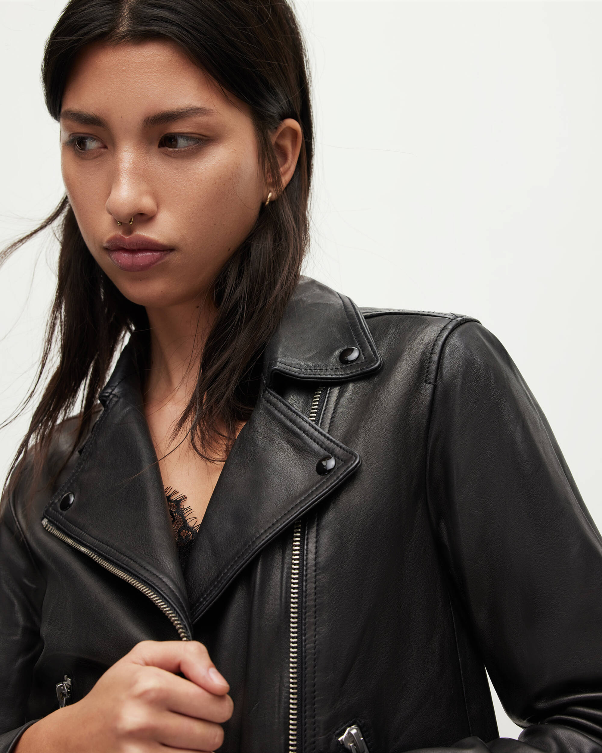 Dalby Slim Fit Leather Biker Jacket Black | ALLSAINTS