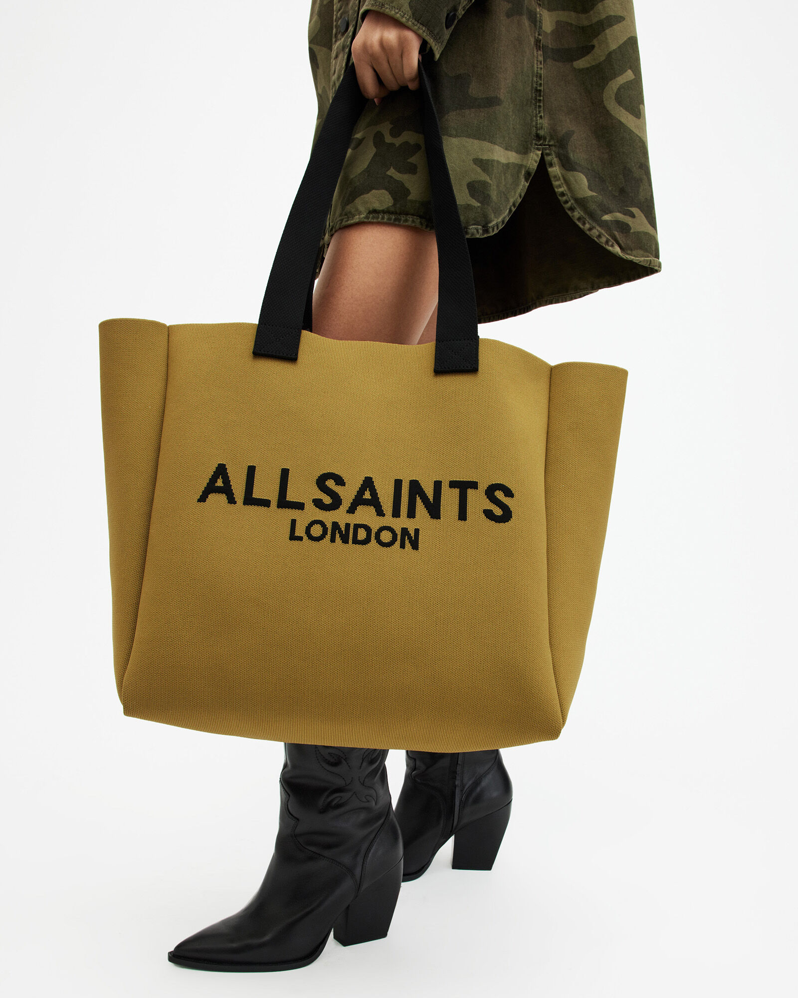 Izzy Logo Print Knitted Tote Bag SAP GREEN | ALLSAINTS Canada