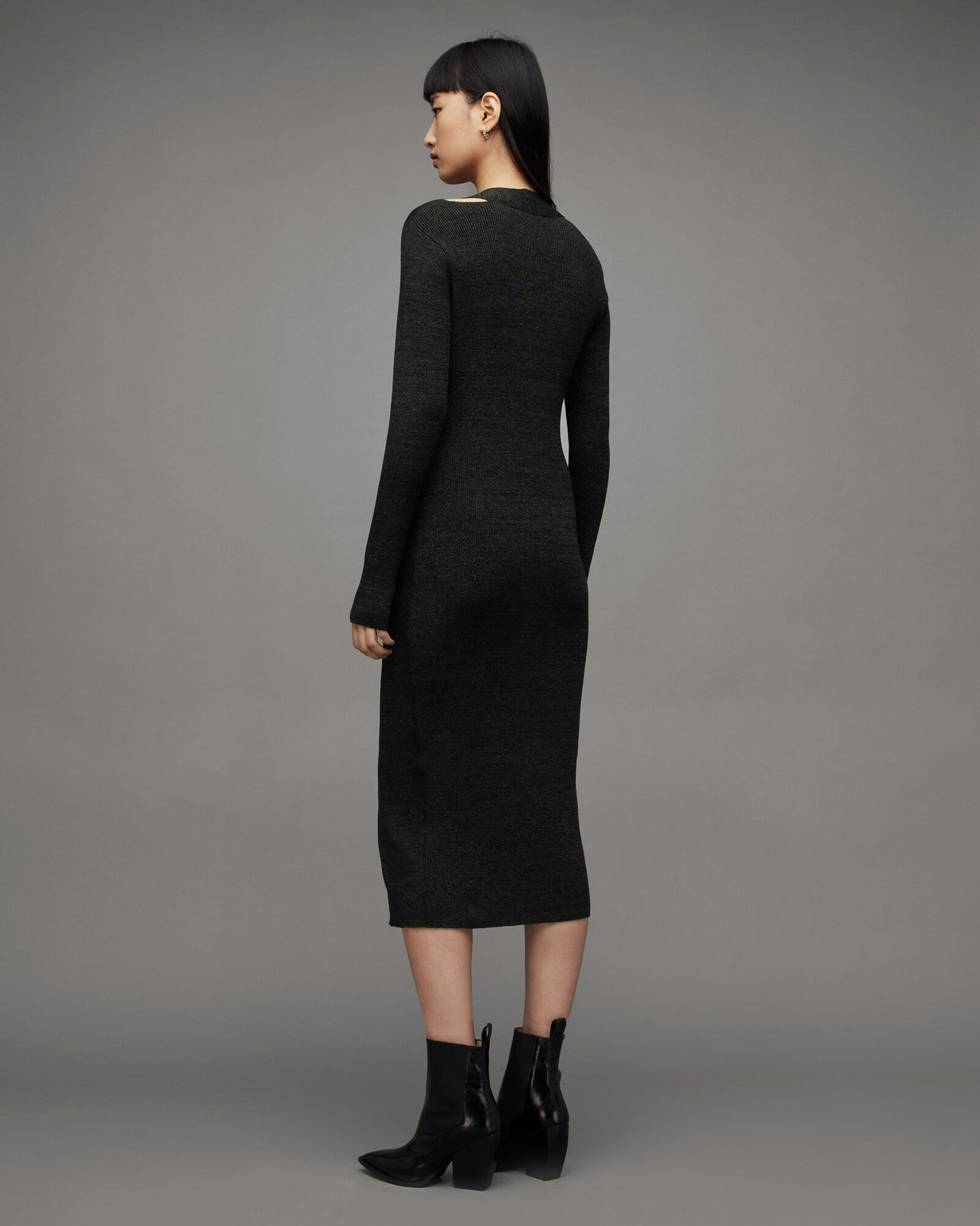 Chara Ribbed Bodycon V-Neck Midi Dress Black | ALLSAINTS