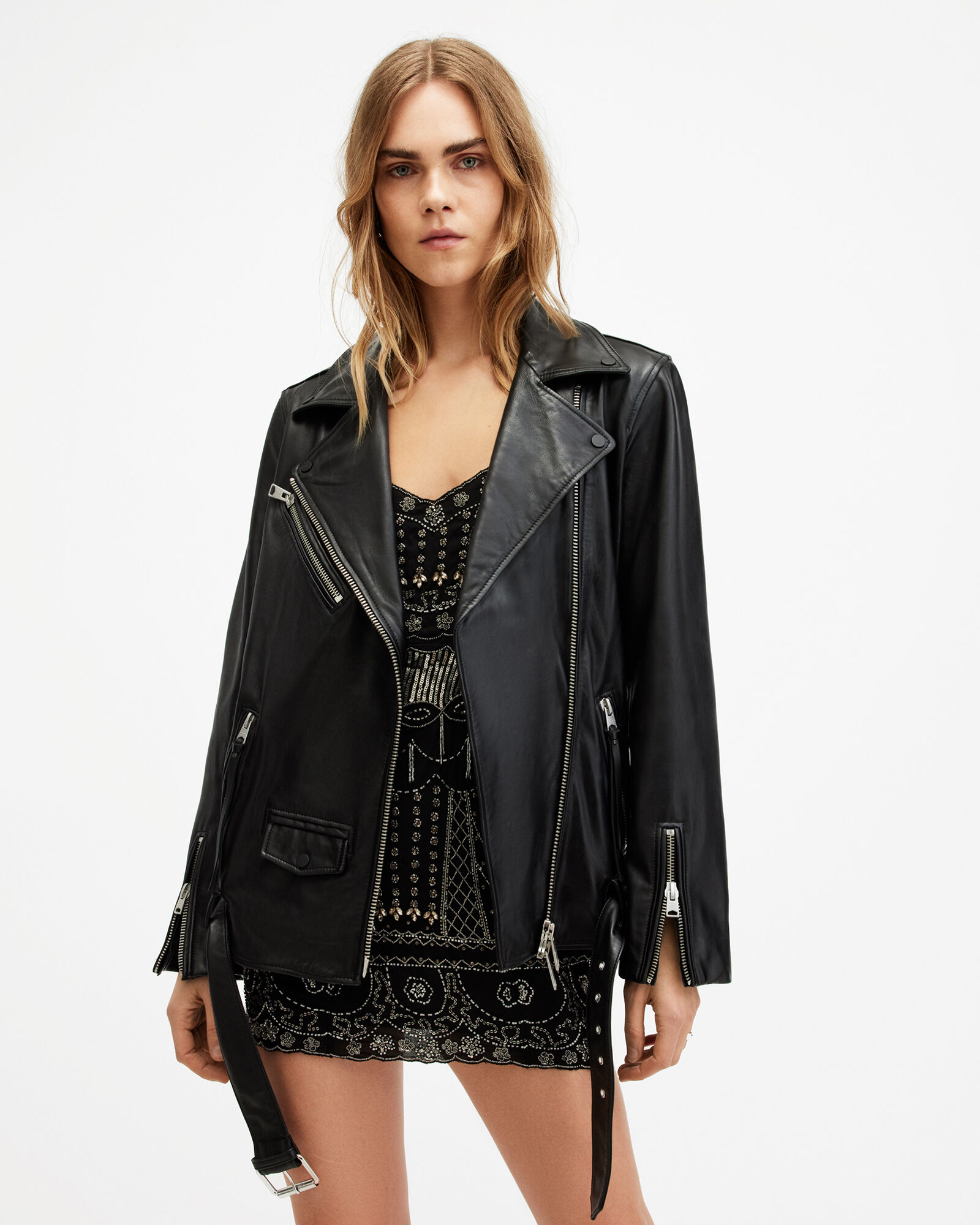 Billie Oversized Leather Biker Jacket Black | ALLSAINTS