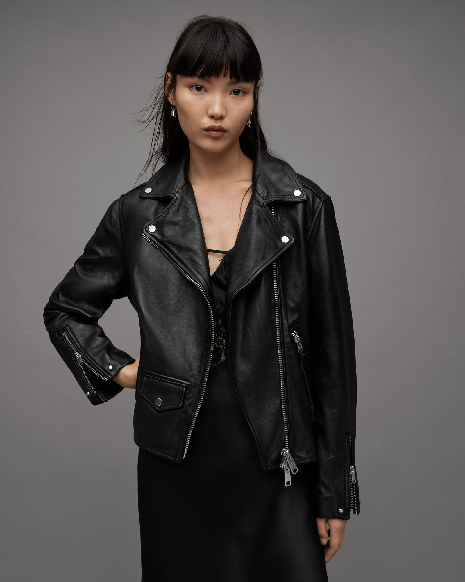 Lyra Regular Fit Leather Biker Jacket Black | ALLSAINTS