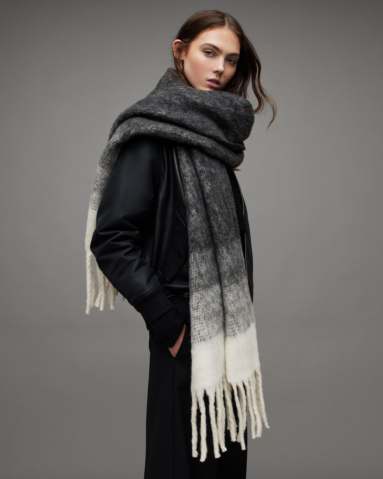 Ombre Textured Wool Blend Blanket Scarf Black/White | ALLSAINTS