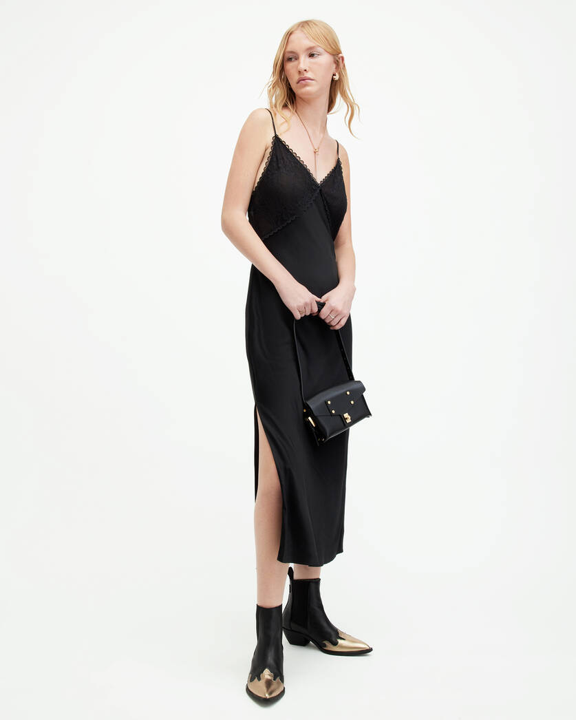 Black V Neck Slip Dress With Lace Detail | SilkFred