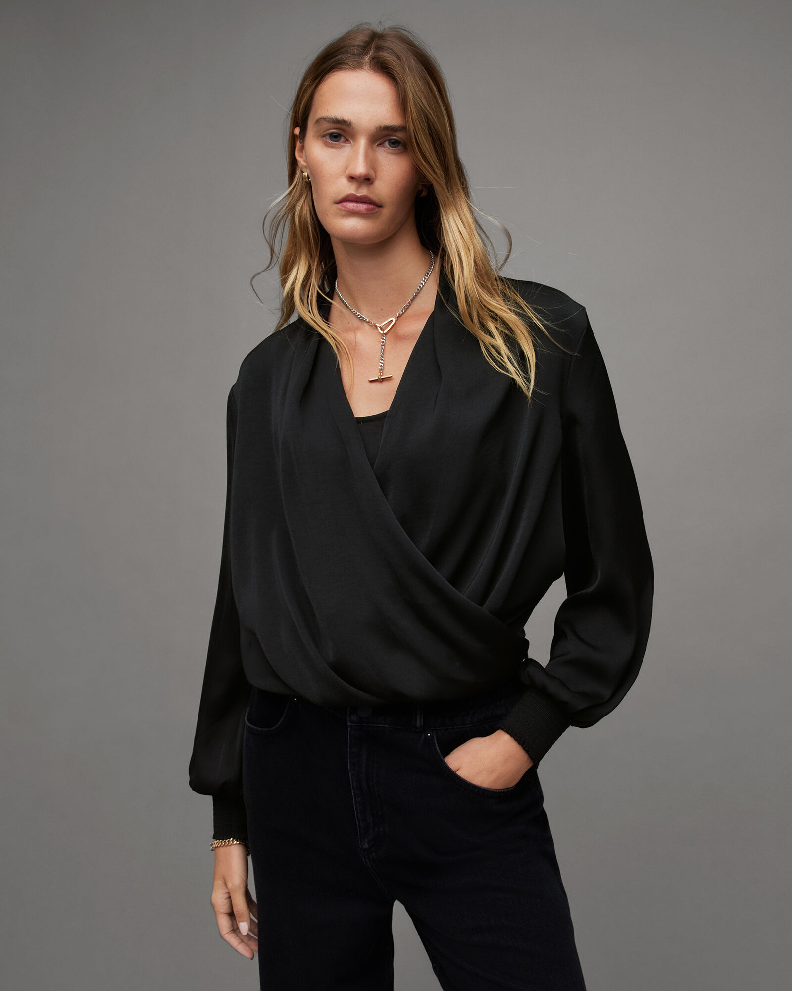 Abi Long Sleeve Draped Wrap Over Top