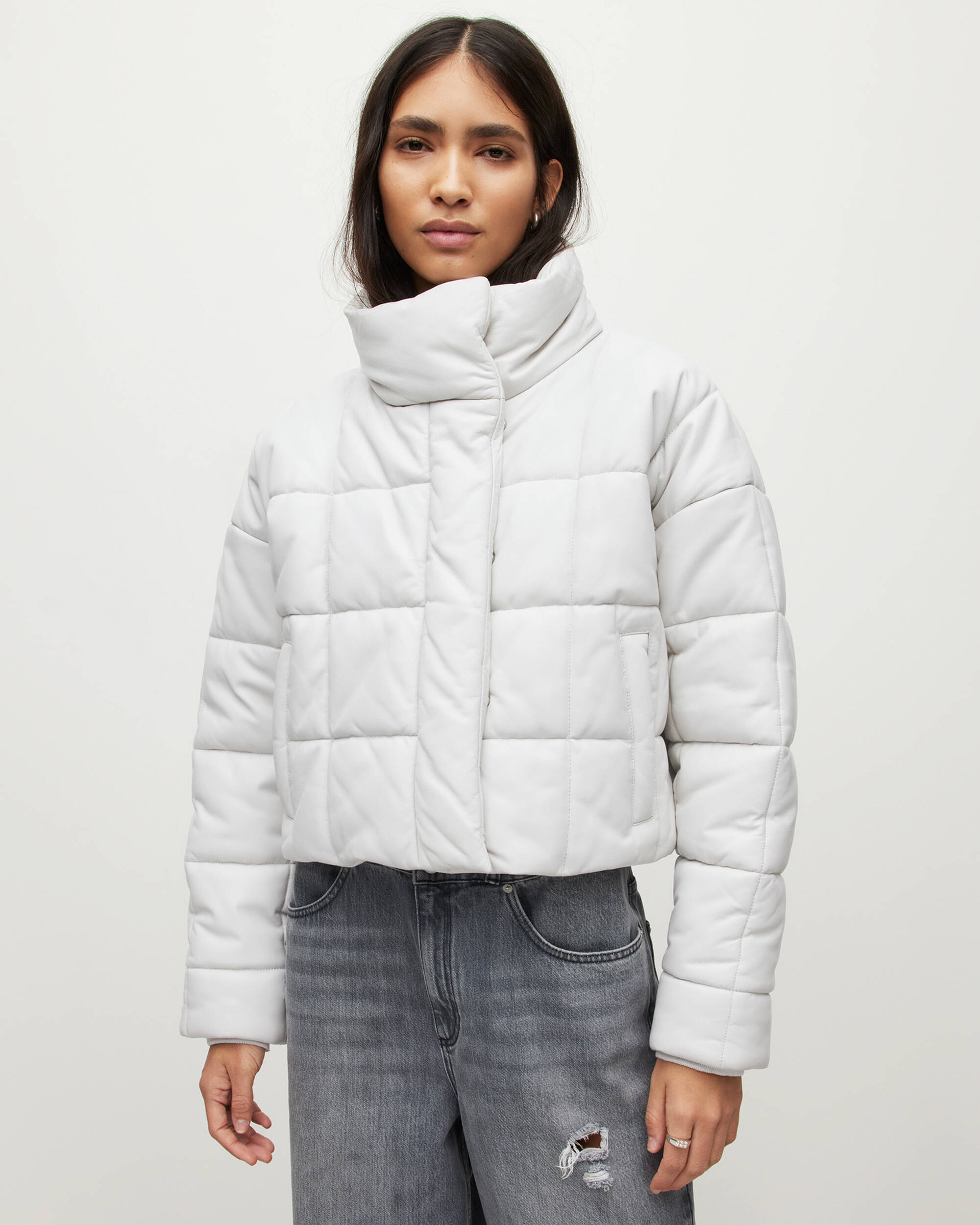 Petra Leather Puffer Jacket White | ALLSAINTS