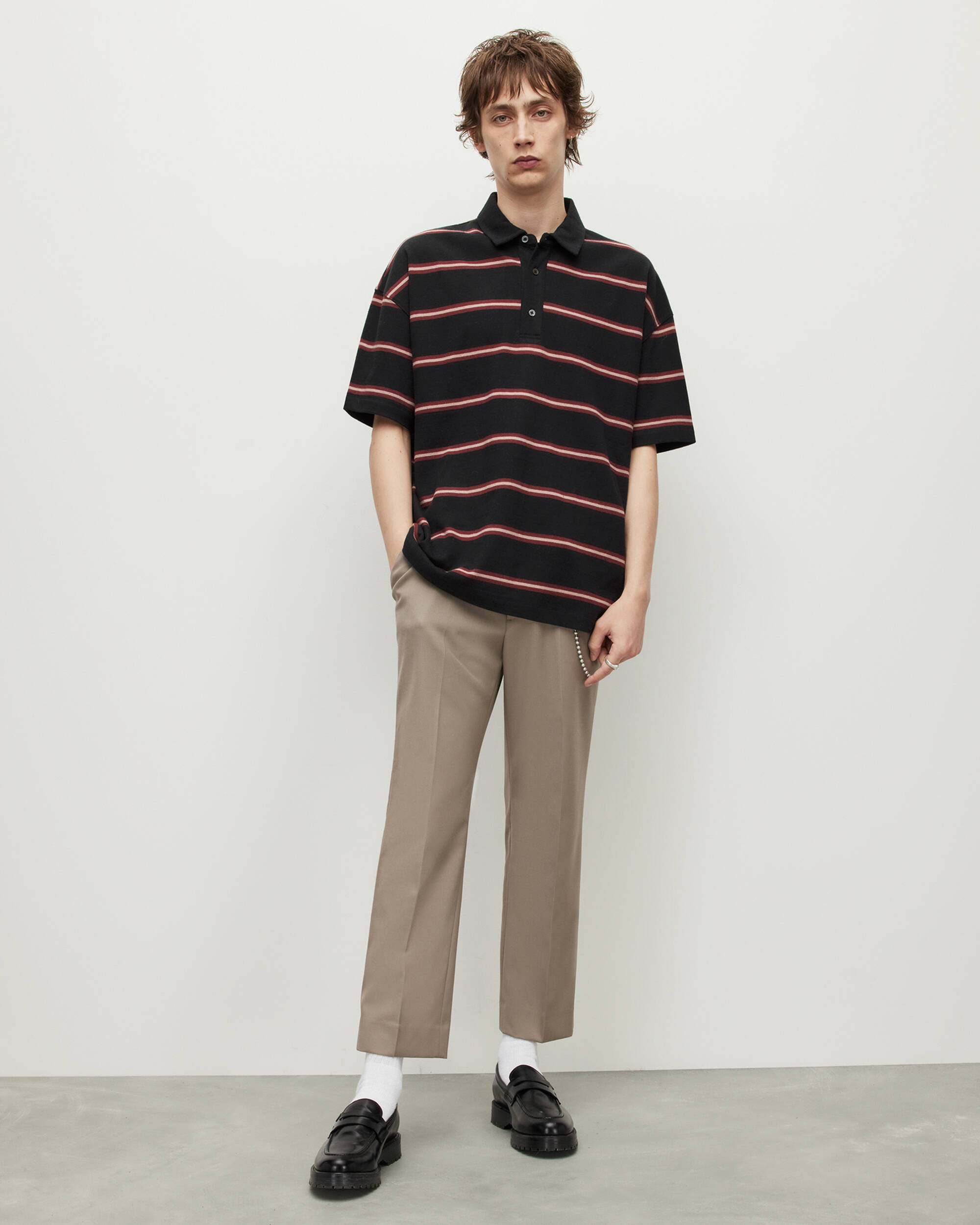 Arden Short Sleeve Striped Polo Shirt BLK/RED/ASHED PINK | ALLSAINTS