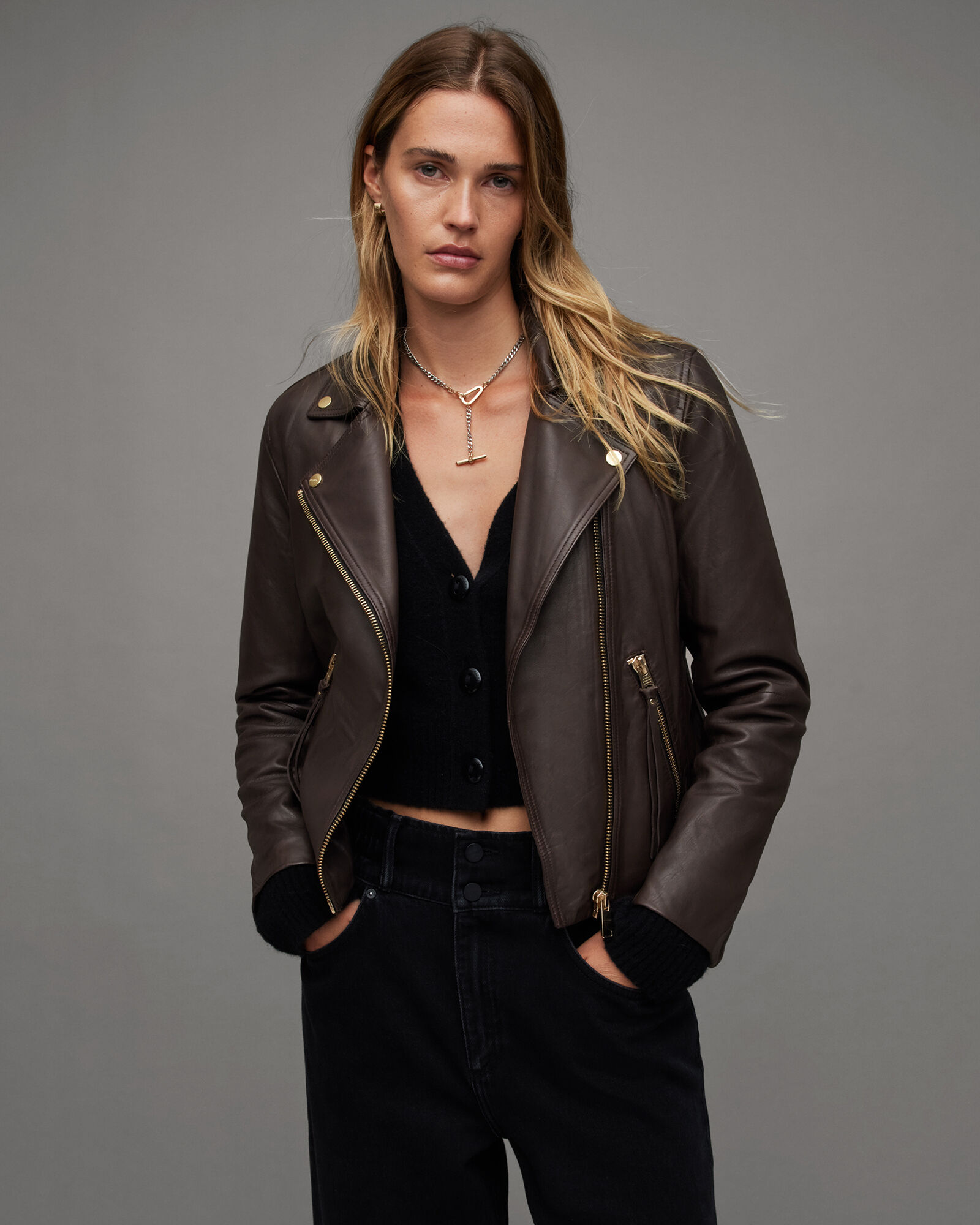 Dalby Slim Fit Leather Biker Jacket COGNAC BROWN | ALLSAINTS Canada