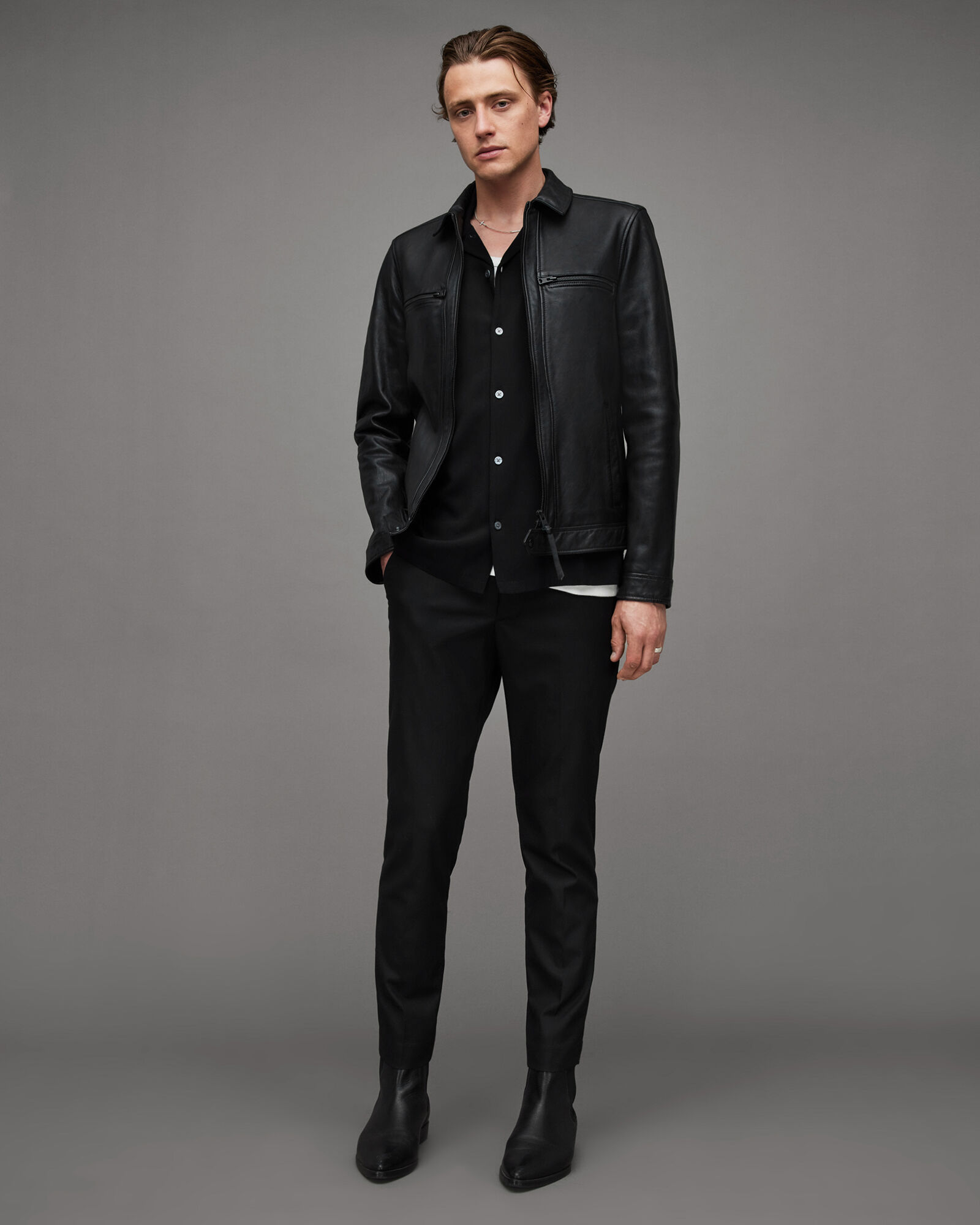 Luck Slim Front Zip Up Leather Jacket Black | ALLSAINTS Canada
