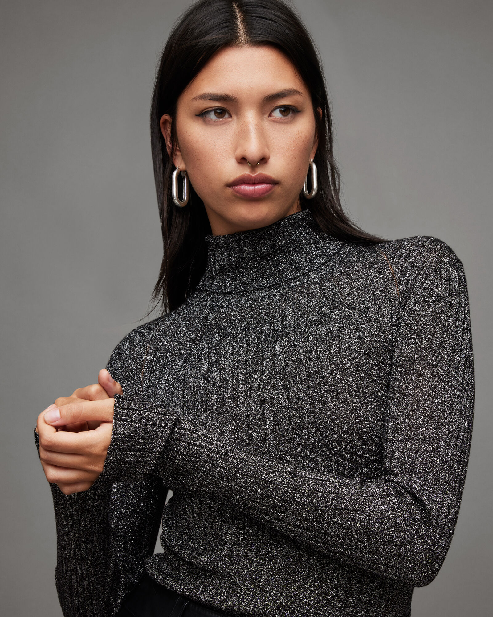 Juliette Roll Neck Slim Metallic Jumper Black/Silver | ALLSAINTS FR