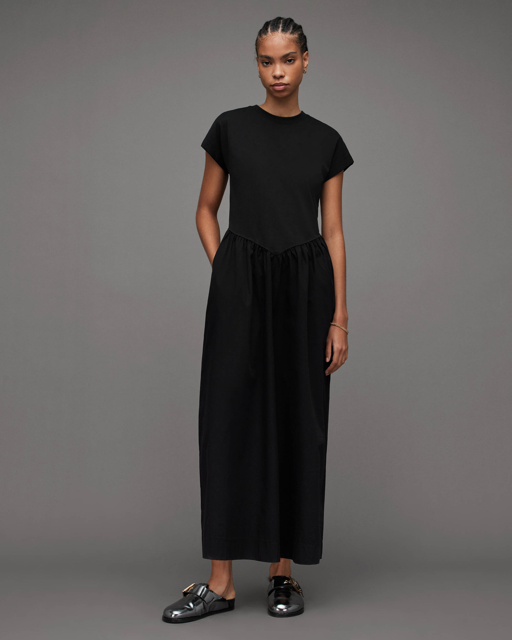 Frankie Short Sleeve Maxi Dress Black | ALLSAINTS