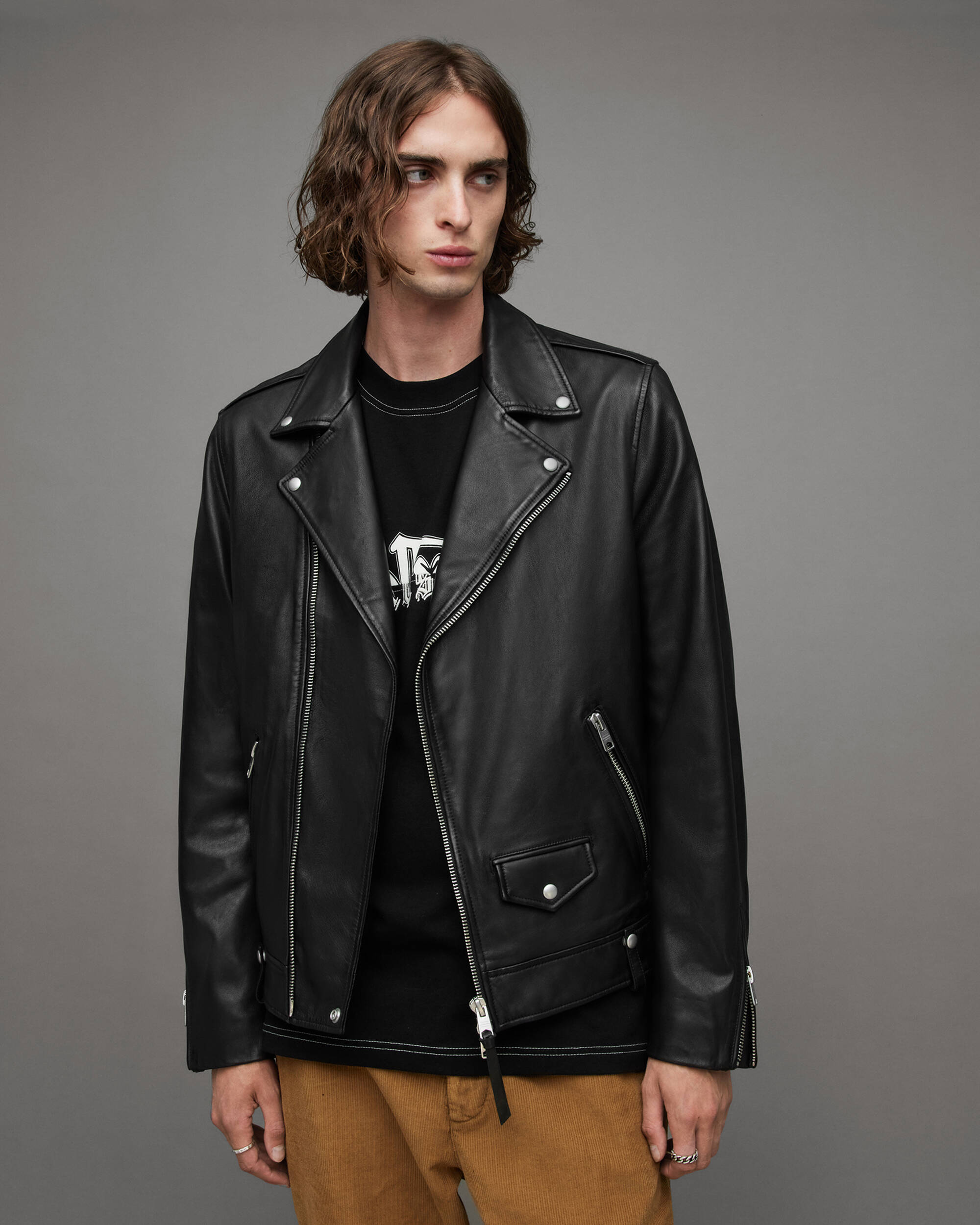 Milo Asymmetric Zip Leather Biker Jacket Black | ALLSAINTS