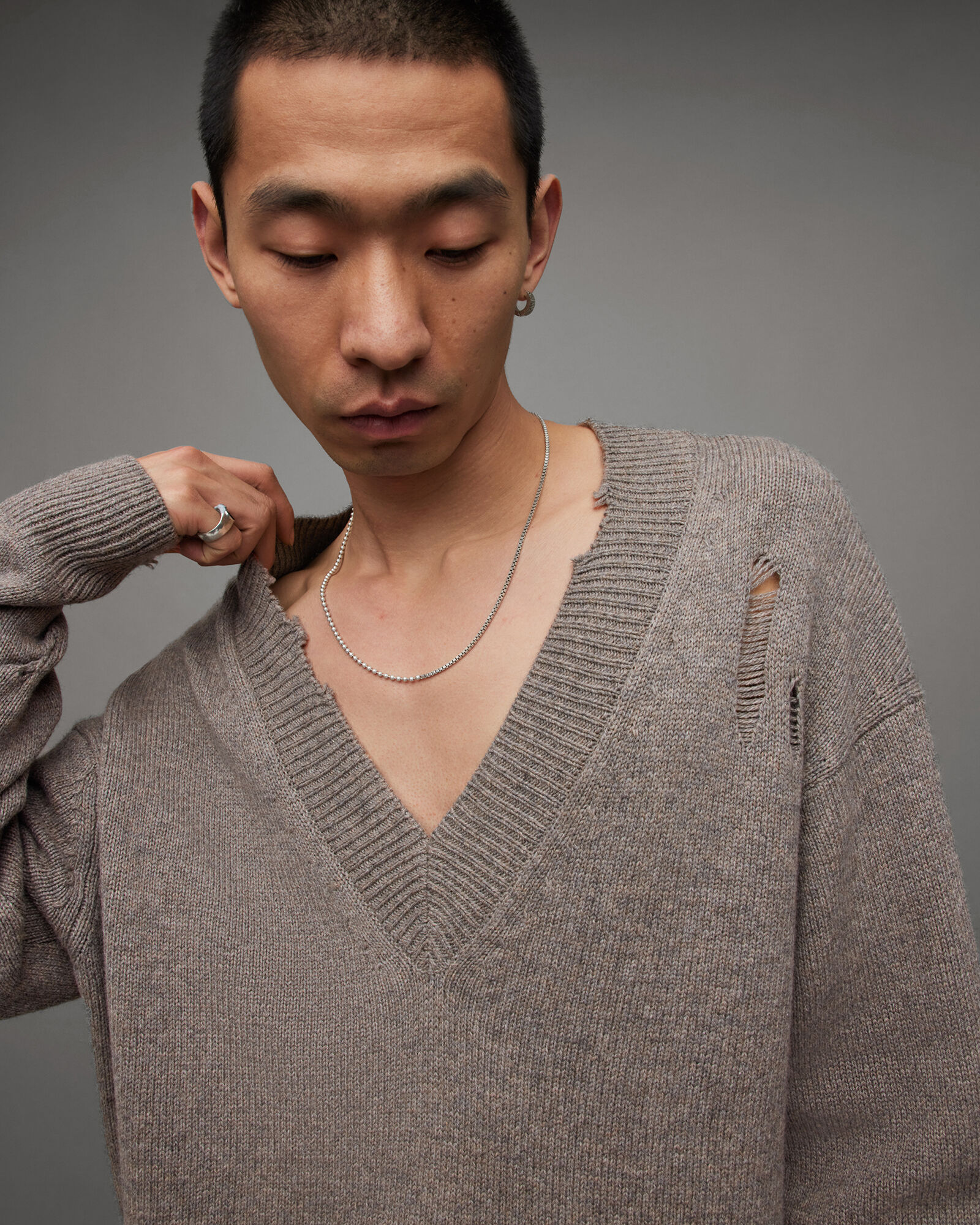 Vicious Oversized V-Neck Jumper Fawn Brown Marl | ALLSAINTS FR