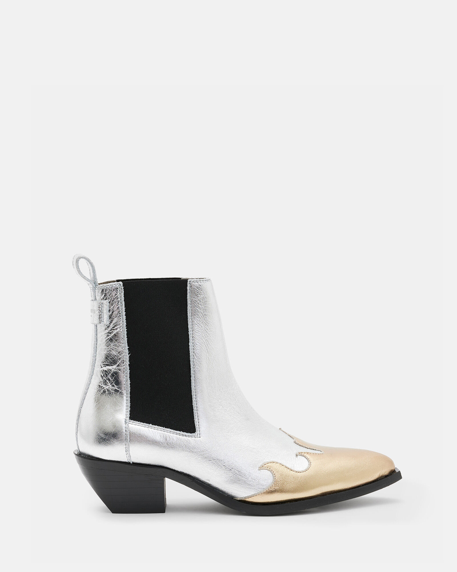 Dellaware Pointed Leather Western Boots Silver/Gold | ALLSAINTS