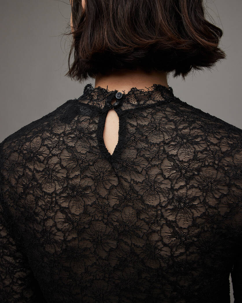Francesco Long Sleeve Sheer Lace Black Top | ALLSAINTS