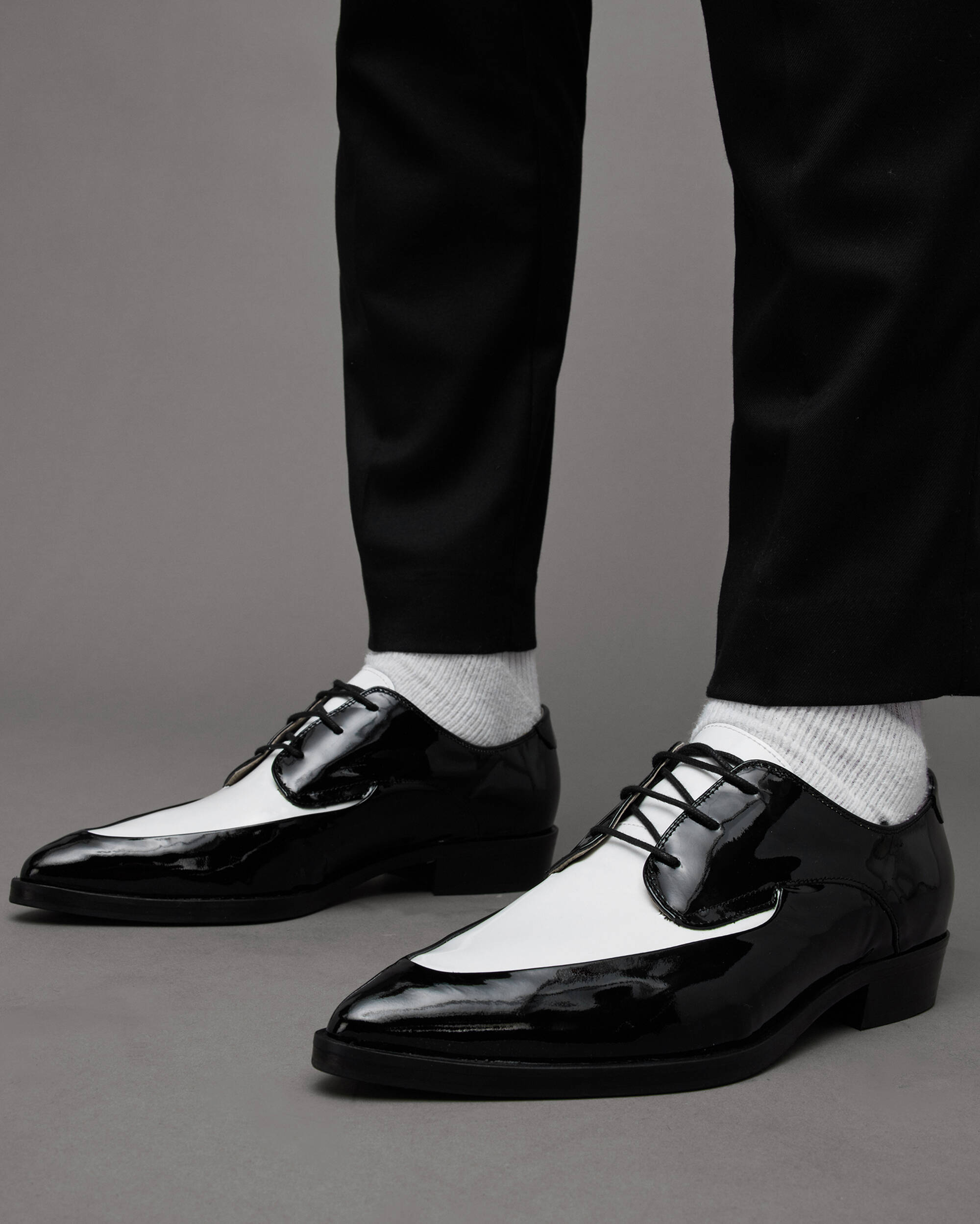 Lex Patent Leather Lace Up Shoes Black/White | ALLSAINTS Canada