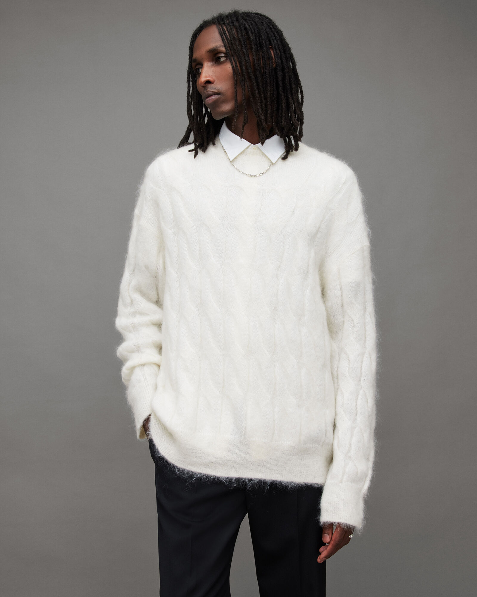 Kosmic Cable Knit Relaxed Fit Jumper Ecru | ALLSAINTS