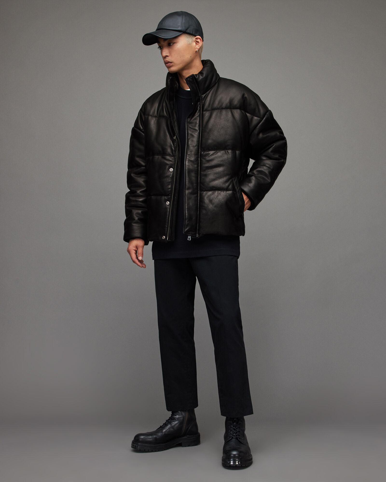 puffer jacket with leather shoulders