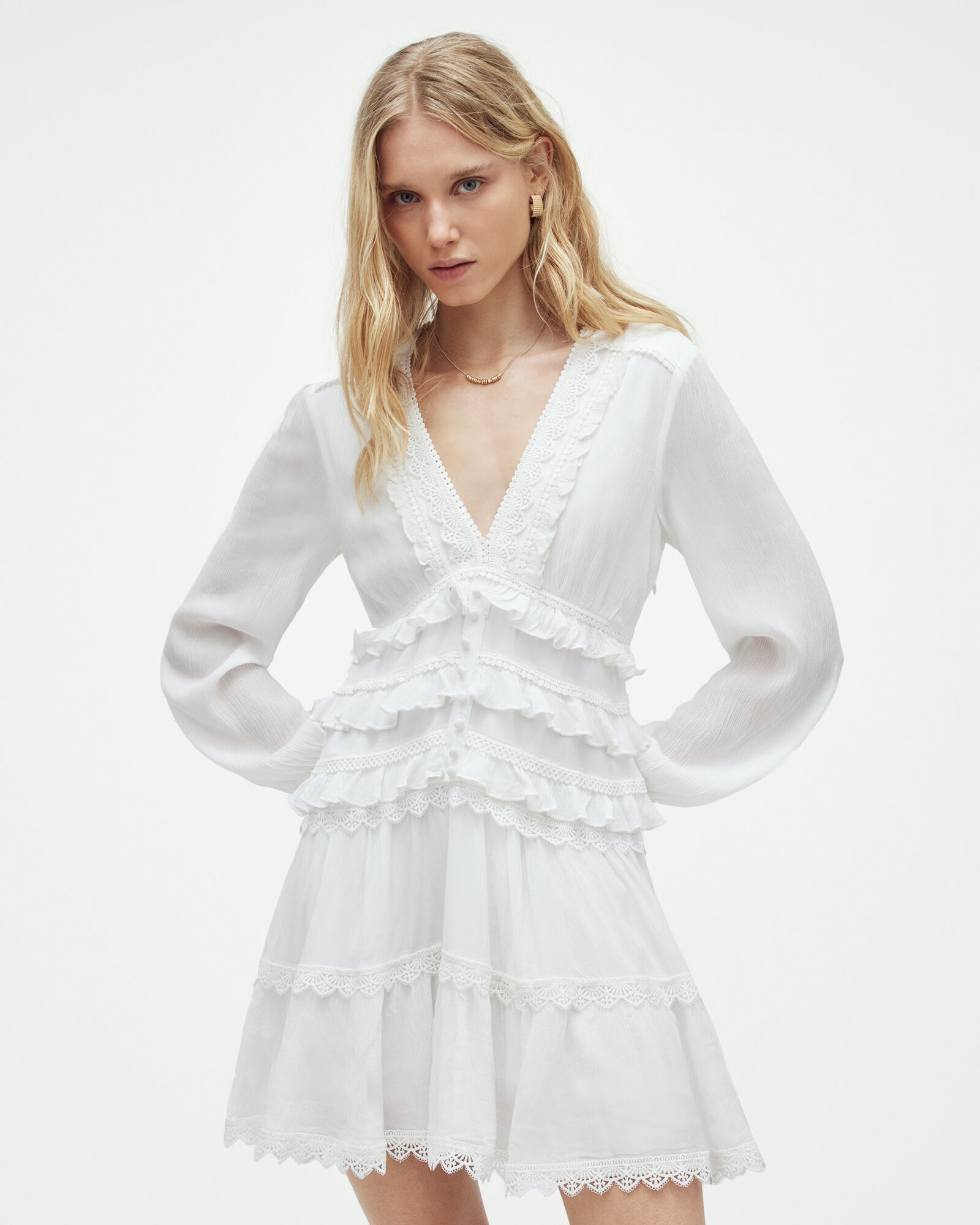 Zora V Neck Ruffled Mini Dress Chalk White Allsaints De 4551