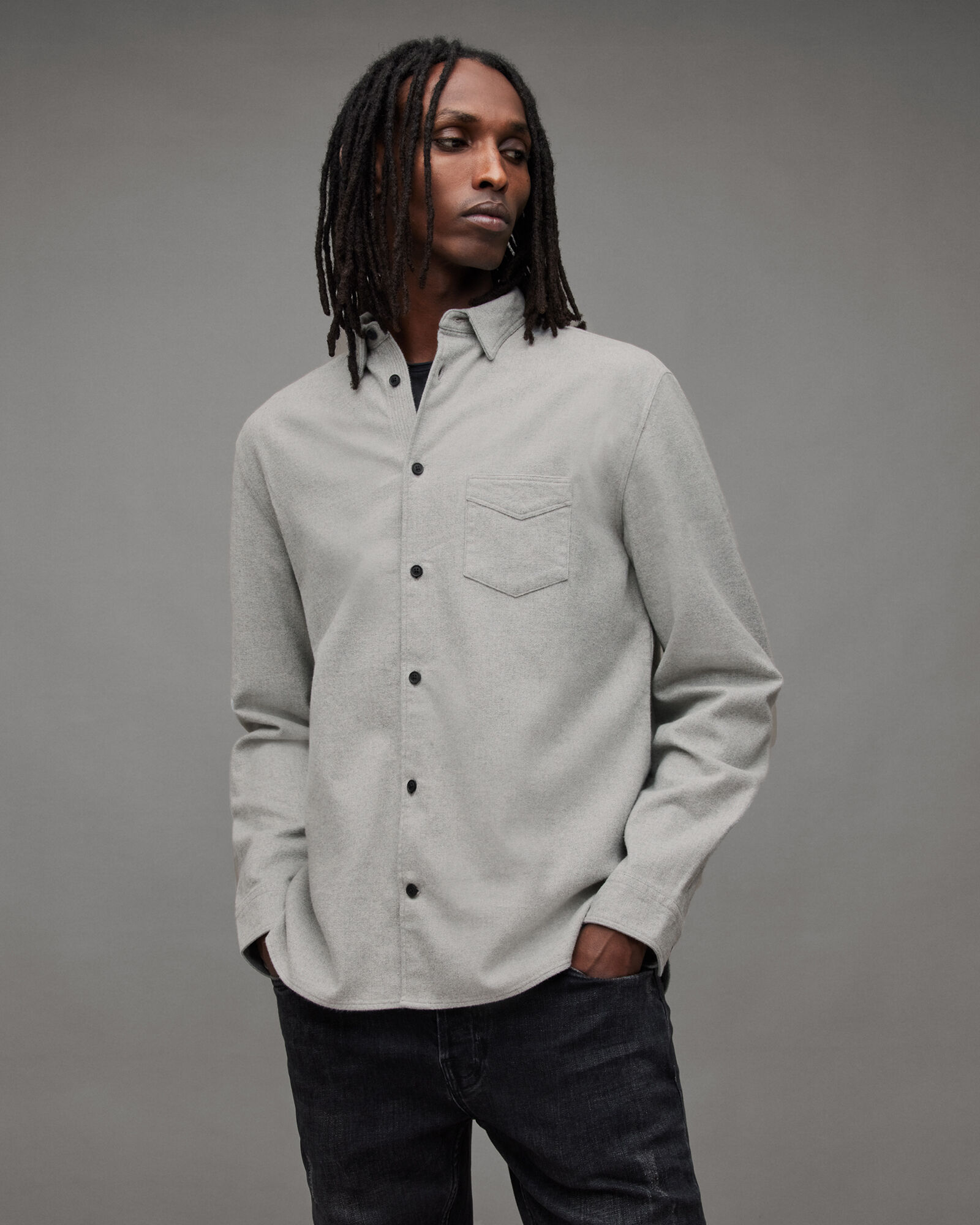 Arden Brushed Flannel Relaxed Fit Shirt Grey Marl | ALLSAINTS Canada