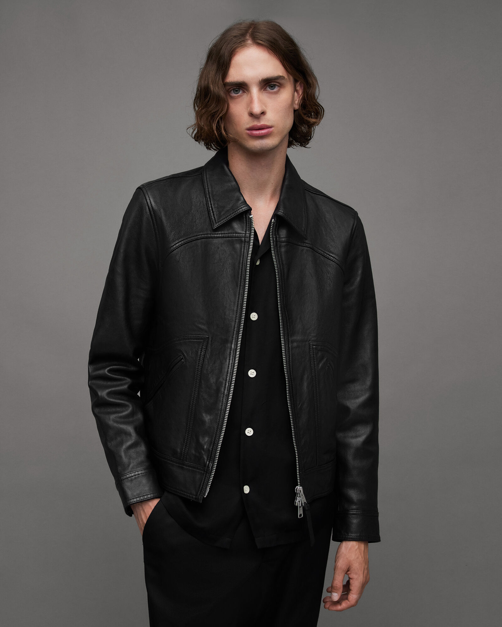 Jun Boxy Cropped Leather Jacket Black | ALLSAINTS Canada