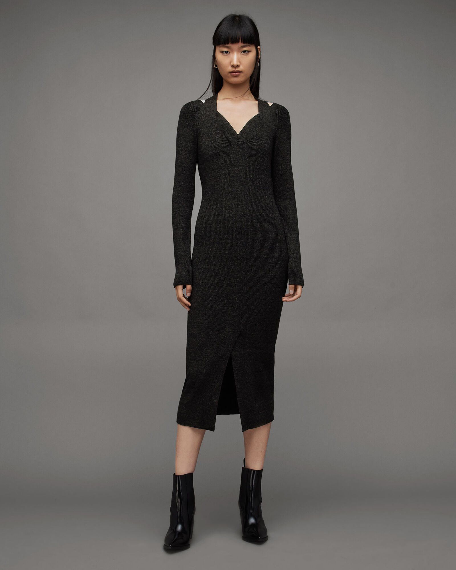 Chara Ribbed Bodycon V-Neck Midi Dress Black | ALLSAINTS